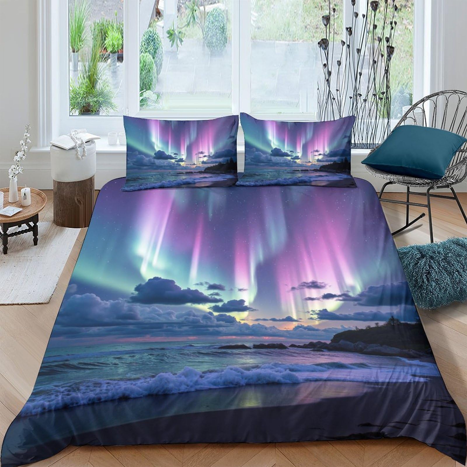 Ctjqhvkz Style-4 3D Printed Aurora Borealis Fitted Sheet Microfiber Soft Breathable Ocean Night Mattress Cover For Bedroom Guest Room Decor Single（135X200cm）