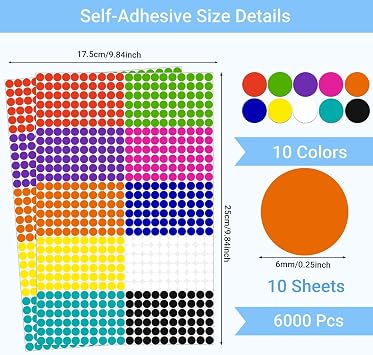 KEYBOO 6000 Pcs Small Dot Stickers 1/4 Circle Dot Stickers Round Color Coding Label Sticker, Colored Small Stickers Tiny Sticker for Toddlers Mini Stickers in 10 Colors for Office,Classroom