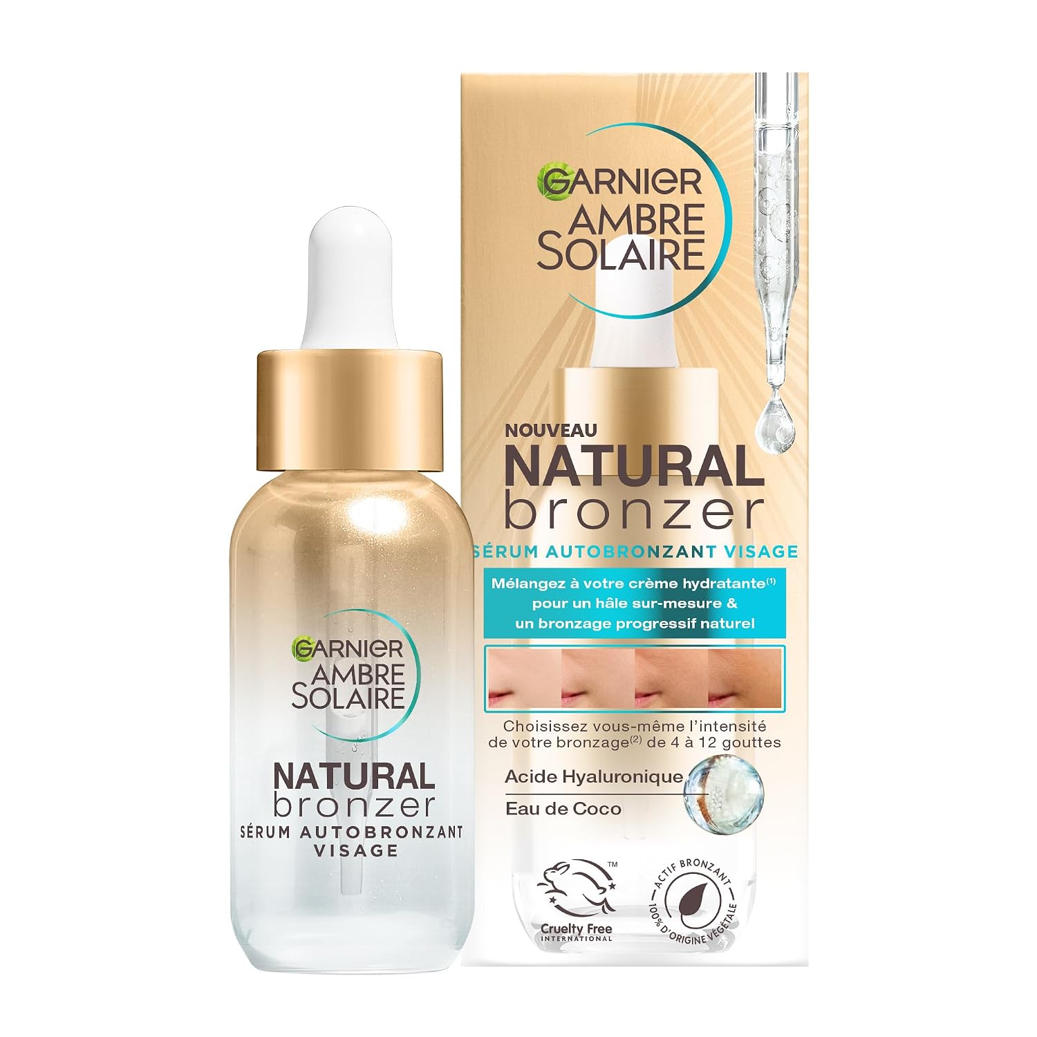 Garnier Ambre Solaire Natural Bronzer Self-Tan Drops for Face, Customizable Tanning Drops with Hyaluronic Acid and Coconut Water, Lightweight Facial Beauty Formula, Easy Application, 1.01 fl oz