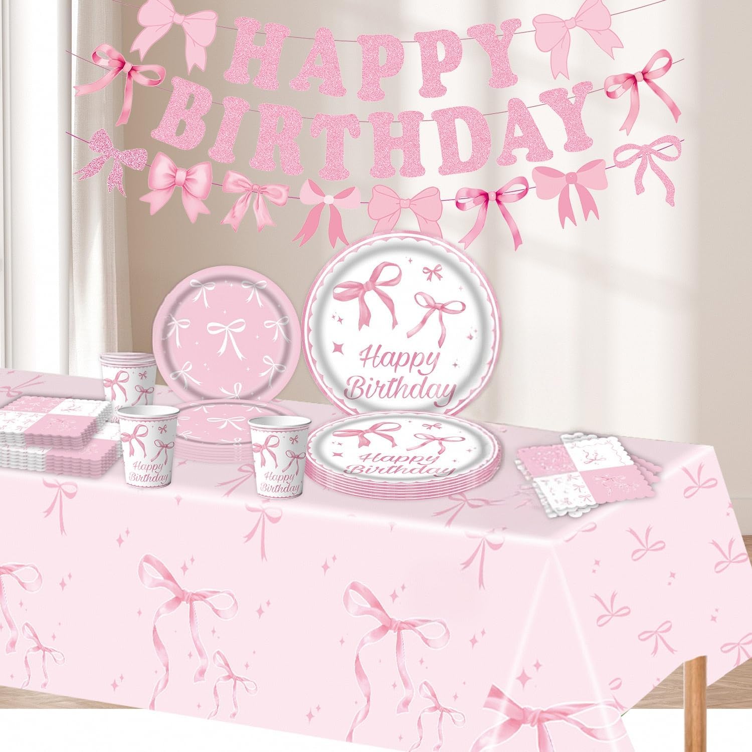 Pink Bow Party Supplies, Coquette Birthday Decorations with Bow Plates, Cups, Napkins, Tablecloth and Banner, Pink Birthday Decoration Serve 24, Bow Themed Tableware for Girls Bachelorette Party Decor