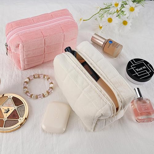 Miniatura 3 de Bolsa de maquillaje de felpa, 2 piezas, bolsa de cosméticos a cuadros, bolsa de maquillaje grande y pequeña para bolso, bolsa de maquillaje linda