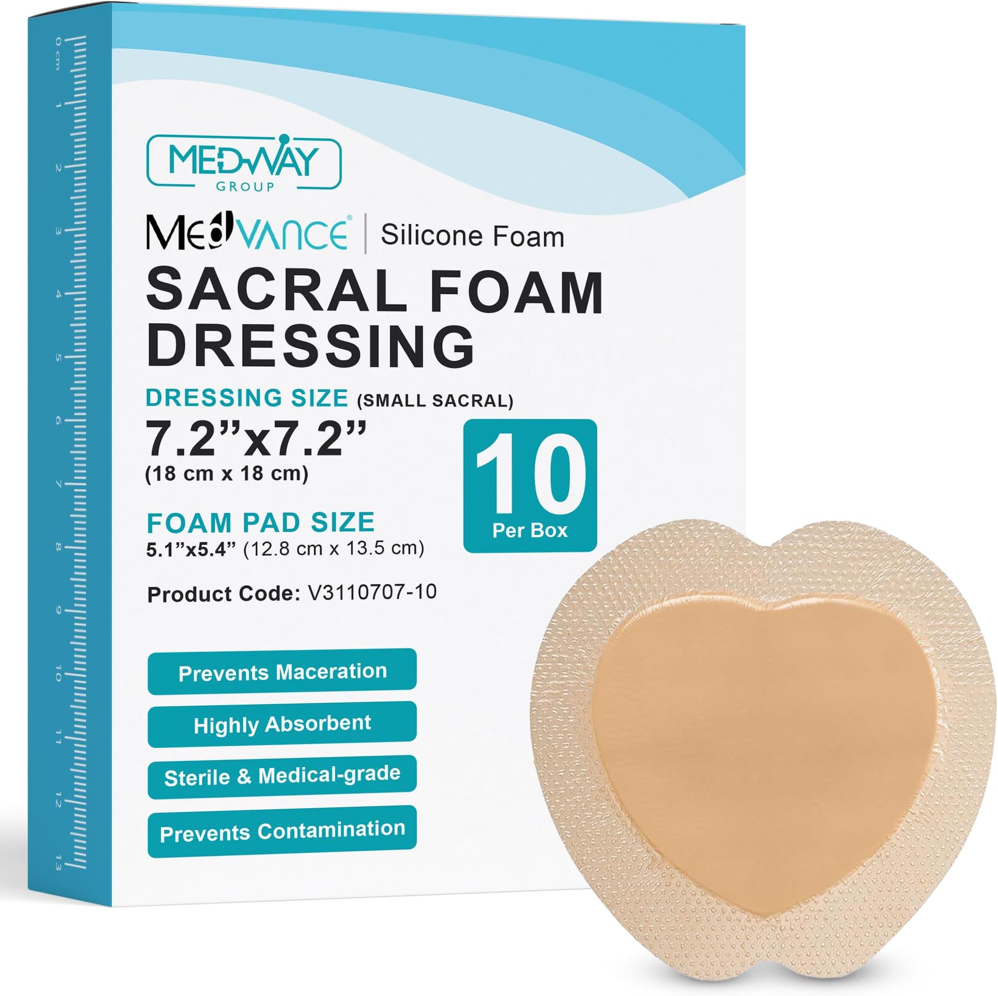 MedVance TM Silicone - Sacral Bordered Silicone Adhesive Foam Wound Dressing, Bed Sore Treatment Bandage for Sacrum, Size 7"x 7", Box of 10 dressings