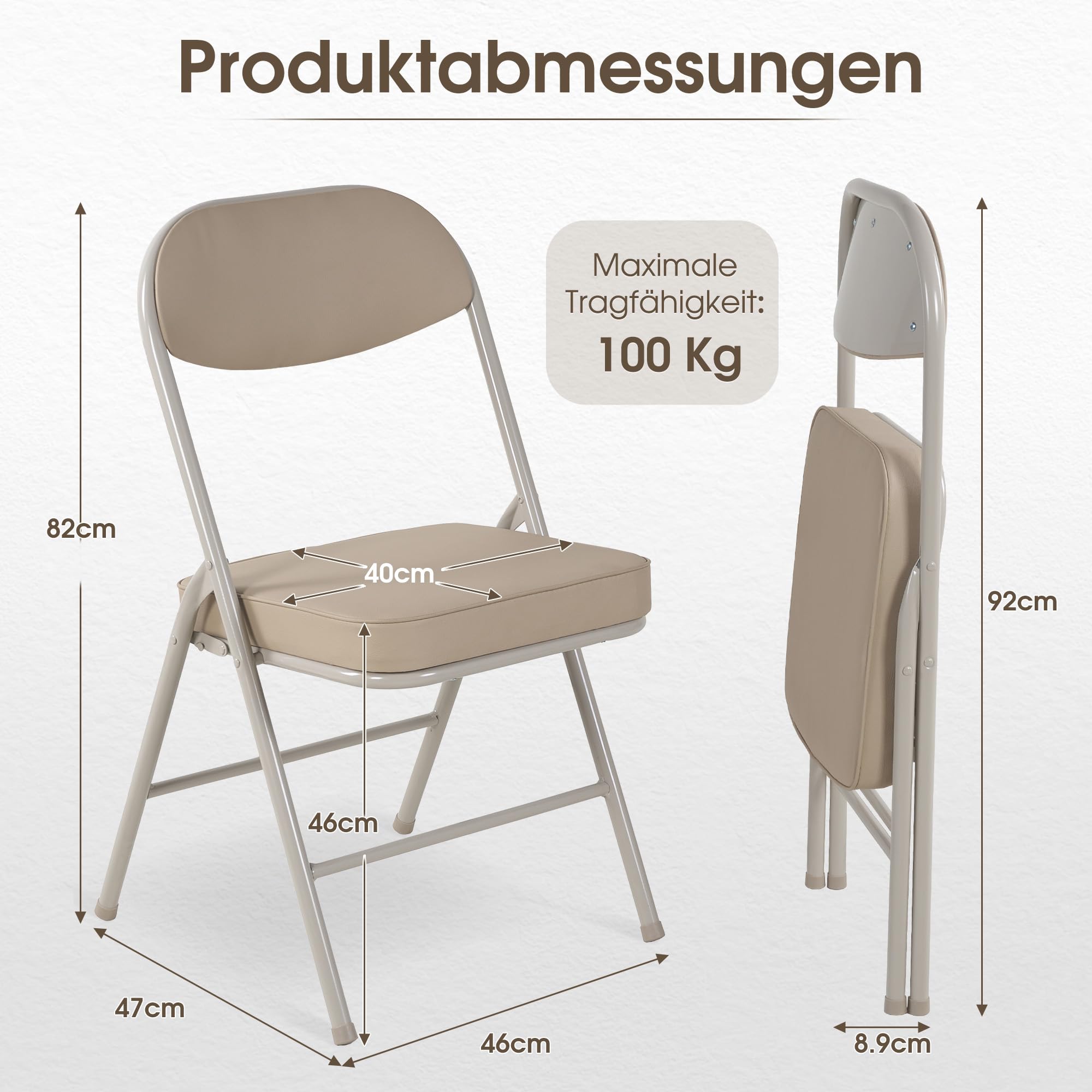 Klappstuhl mit Polster, Klappstühle 4er, Verstärkte Gepolstert, Tragbarer und Bereits montierter Klapp-Essstuhl für Gäste, Küche, Büro, Hochzeit und Party，Beige