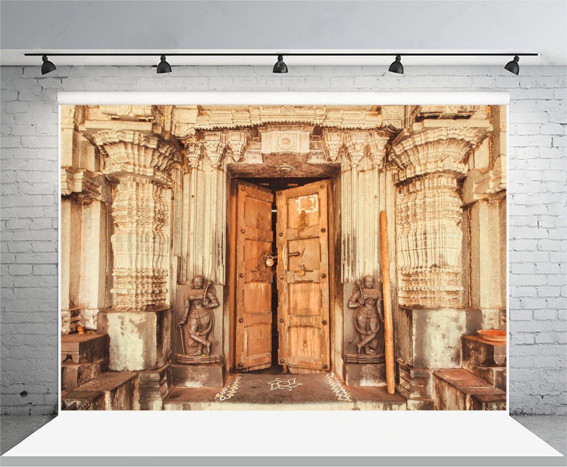 Black Friday - 60% OFF Laeacco 8x6.5FT Vinyl Backdrop Photography Background Traditional Style Design Historical Hindu Temple with Collumns Wooden Door Sculptures India Backdrop Personal Shoot Photo Studio Prop