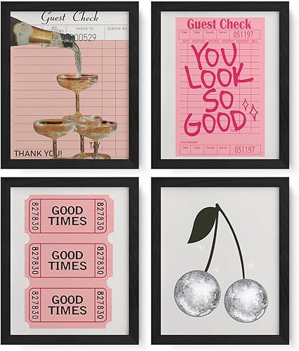 JXREQ Decoración de pared de bar, Funky Retro Y2K Champagne Good Times Cherry Disco Ball Carteles de arte de pared, juego de 4, decoración de