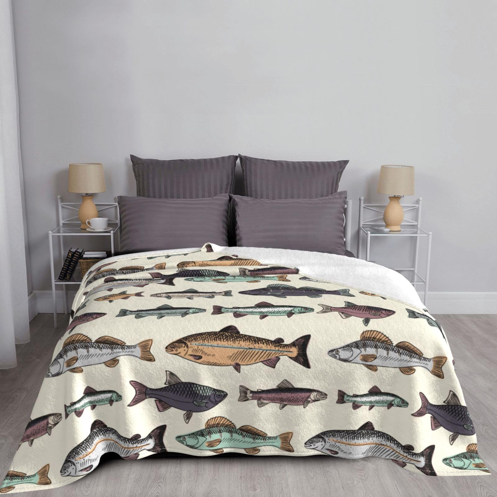 vintage お魚　シーツ？ブランケット？ Amazon｜毛布 シングル 魚柄 さかな 膝掛け ブランケット 柔らかく