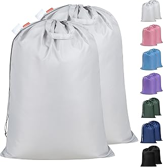 Polecasa Extra Heavy Duty Large Laundry Bag with Sturdy Handles and Drawstring Closure, 2 Pack 28 x 36 inches Durable Storage Bags for Basket, Hamper, College, Dorm, Travel, Silver