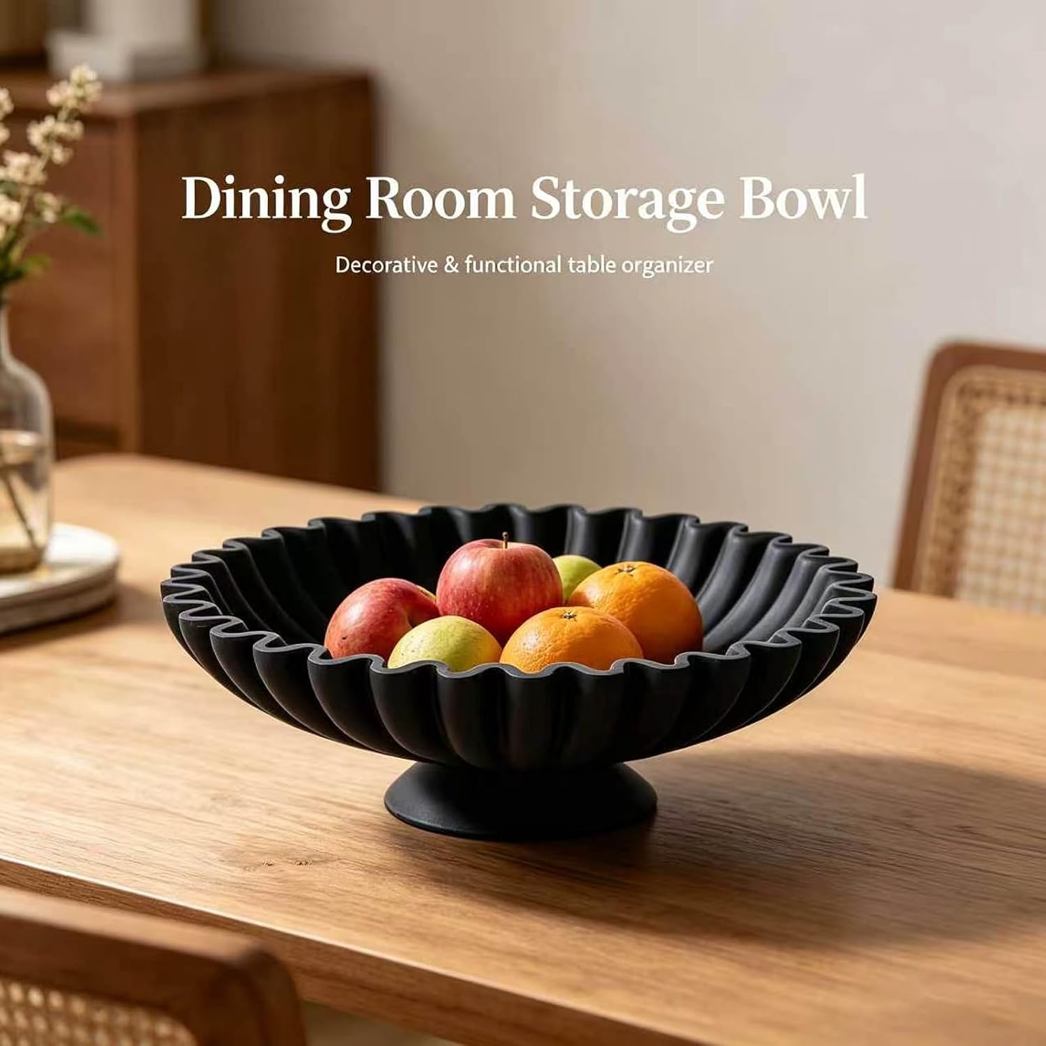 Large Resin Pedestal Decorative Bowl -9.5in Black Decorative Fruit Bowl for Kitchen Counter, Matte Black Bowls, Modern Decorative Centerpiece Bowl for Home Decor, Table Decor, Entryway Key