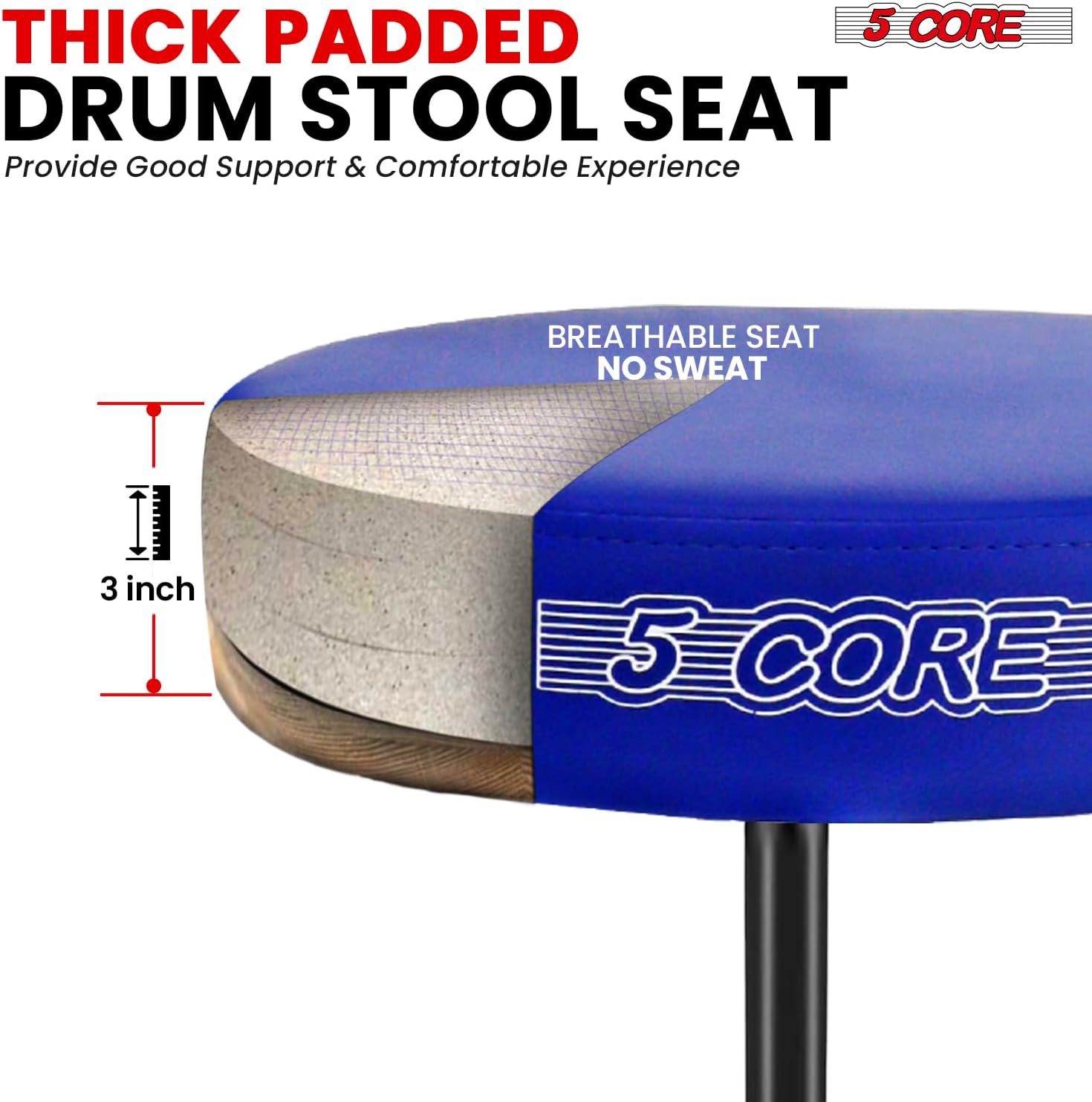 5 CORE Drum Throne 3 Inch Padded Comfortable Guitar Stool 330Lb Capacity Adjustable to 22" Drummer Seat for Adults and Kids Blue - DS 01 BLU
