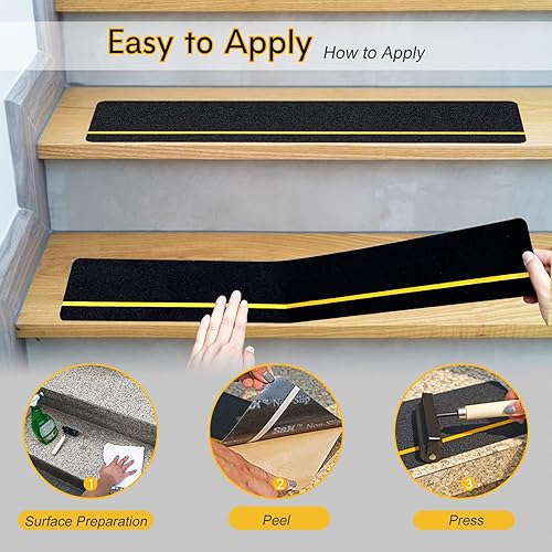 Miniatura 7 de S&X Paquete de 10 Peldaños Antideslizantes para Escaleras Exteriores - Cinta Antideslizante Precortada de 6" x 24" - Cinta Reflectante