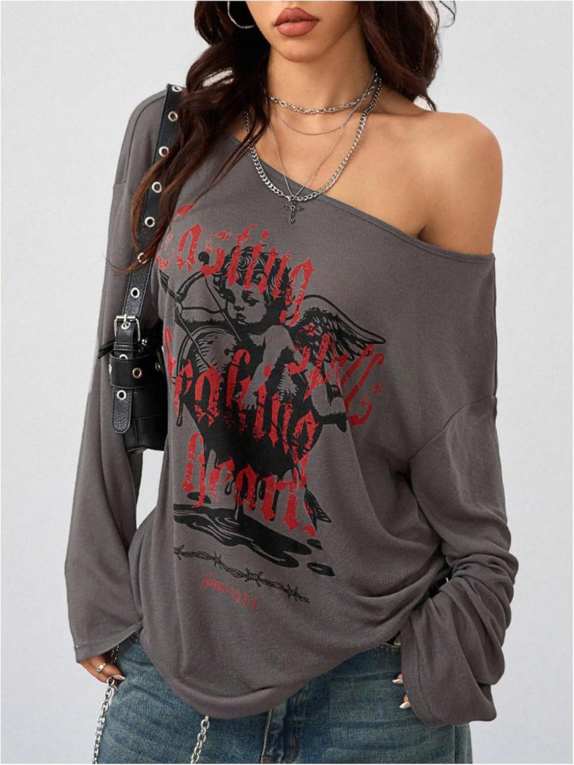 WDIRARA Women's Graphic Off The Shoulder Tops Grunge Goth Long Sleeve T Shirts Loose Tops Streetwear - Image 2