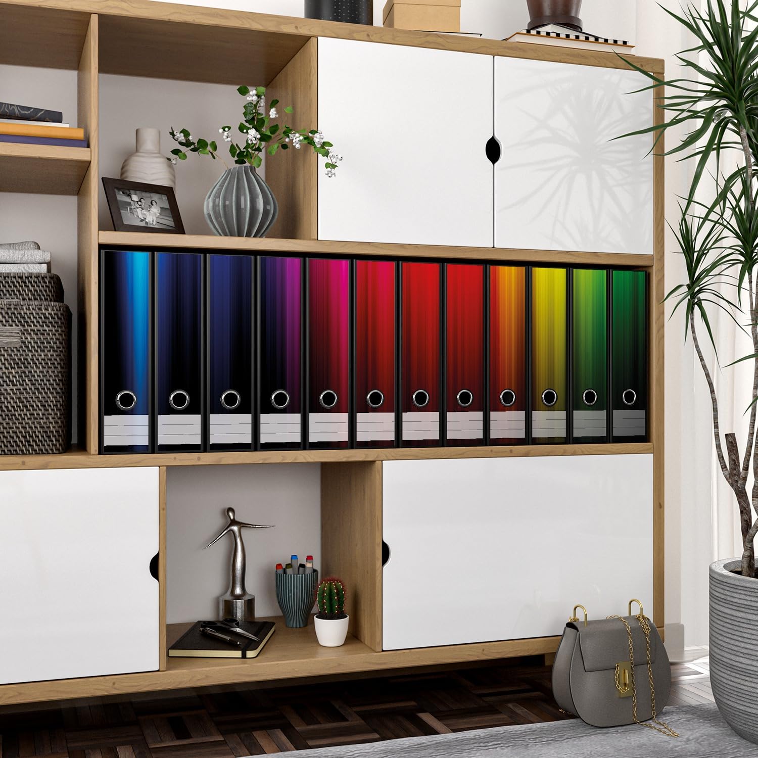 Wallario 12 Stück breite Ordner inkl. Klebeetiketten mit Motiv Bunte Regenbogenstreifen auf Schwarz - Set mit Rückenschildern/Ordnerrücken Stickern