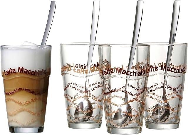 Ritzenhoff & Breker Latte Macchiato Zestaw Szklanek z Łyżeczką, Szkło, Przezroczysty, 8 Sztuk 370ml