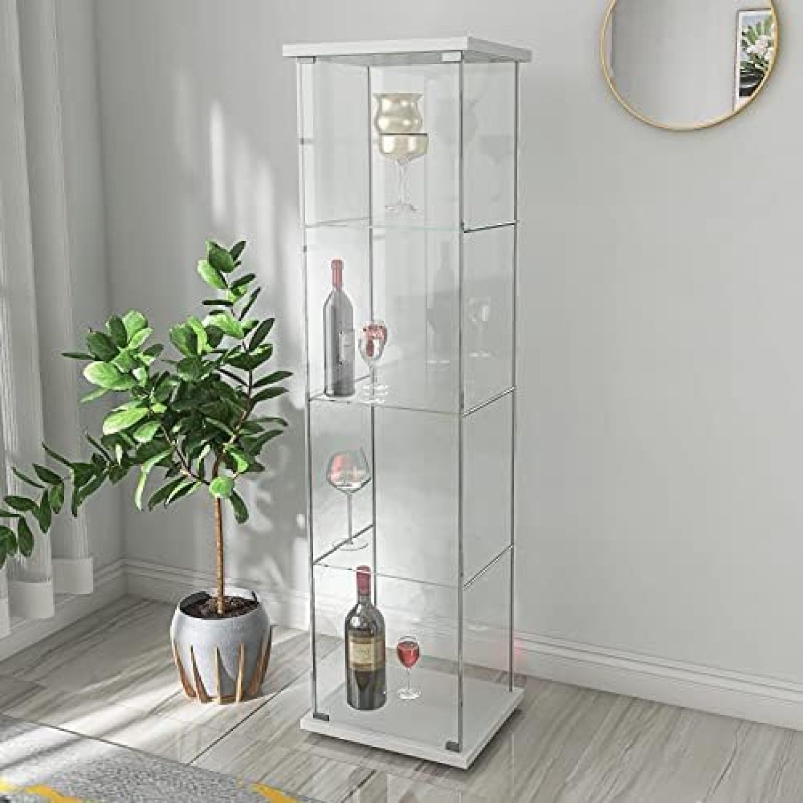 Szklana witryna Półki szklane Witryna 4 półki z drzwiami Stojąca półka na książki Ciekawostka Do salonu Sypialnia Biuro 64 "X 17" X 14,5" Naturalne drewno,Biały