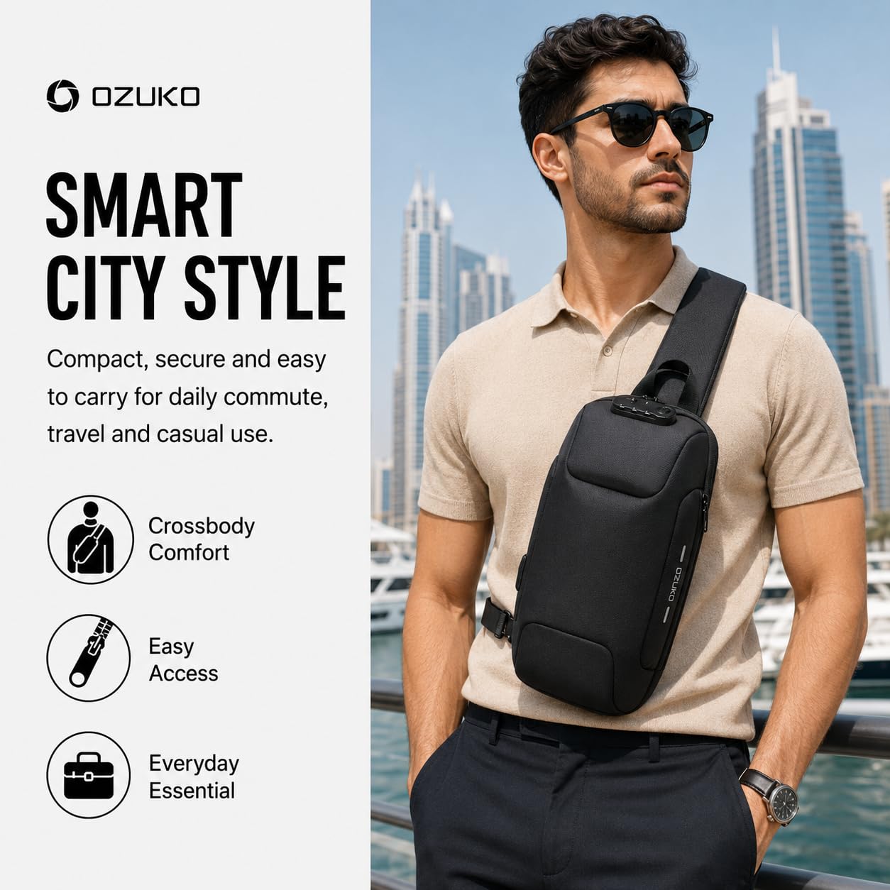 OZUKO Lässige Schultertasche, Umhängetasche, wasserdicht, Crossbody-Tasche, Brusttasche, für Herren, Sport, Fitness, Brusttasche, mit USB-Ladeanschluss