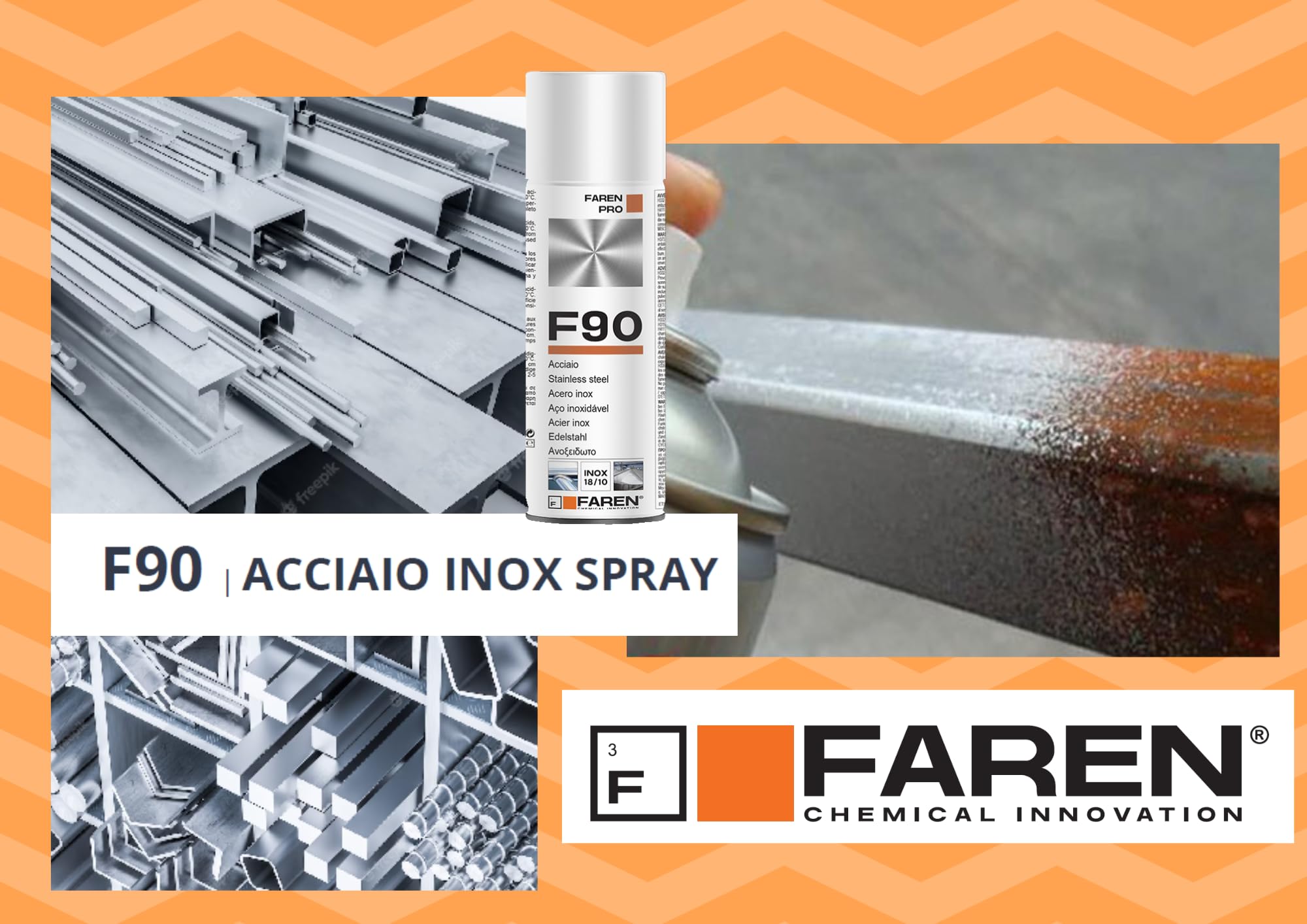 Faren F90, Acciaio Inox Spray, ideale per il trattamento di metalli, Antiossidante, Anticorrosivo, a base di polvere di Acciaio Inox 18/10, 400ml
