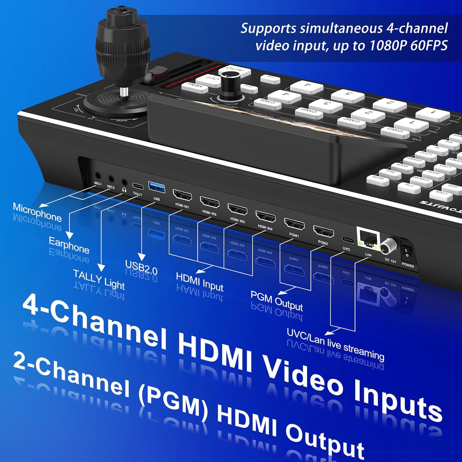Video Mixer Switcher with PTZ Camera Controller, 5.5" LCD Screen Preview, 4-Channel HDMI Live Streaming Switcher with 4D Joystick, 1080p 60FPS Video Recording (Does not Support 4K)