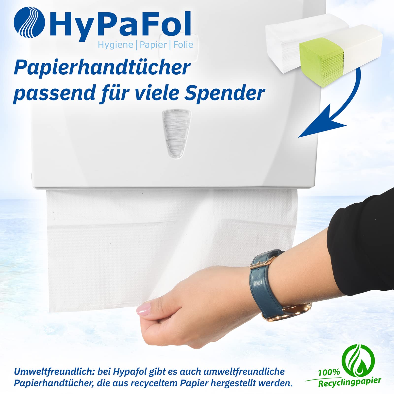 Hypafol Papierhandtücher für Spender 4.000 Blatt | Recycling, 2-lagig, 22,5 x 22 cm | ZZ/V-Falz geeignet für Handtuchspender in Toiletten, Büros, Praxen und Studios