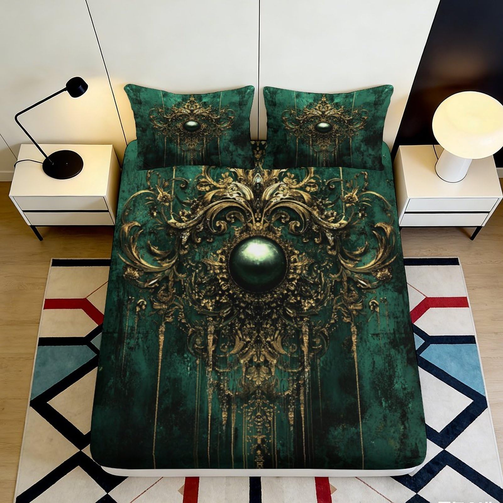 3D Printed Vintage Baroque Green Fitted Sheet Microfiber Soft Breathable Ornate Bed Cover for Bedroom Dormitory Guest Room Mattress Protection Decor 120x200x25cm