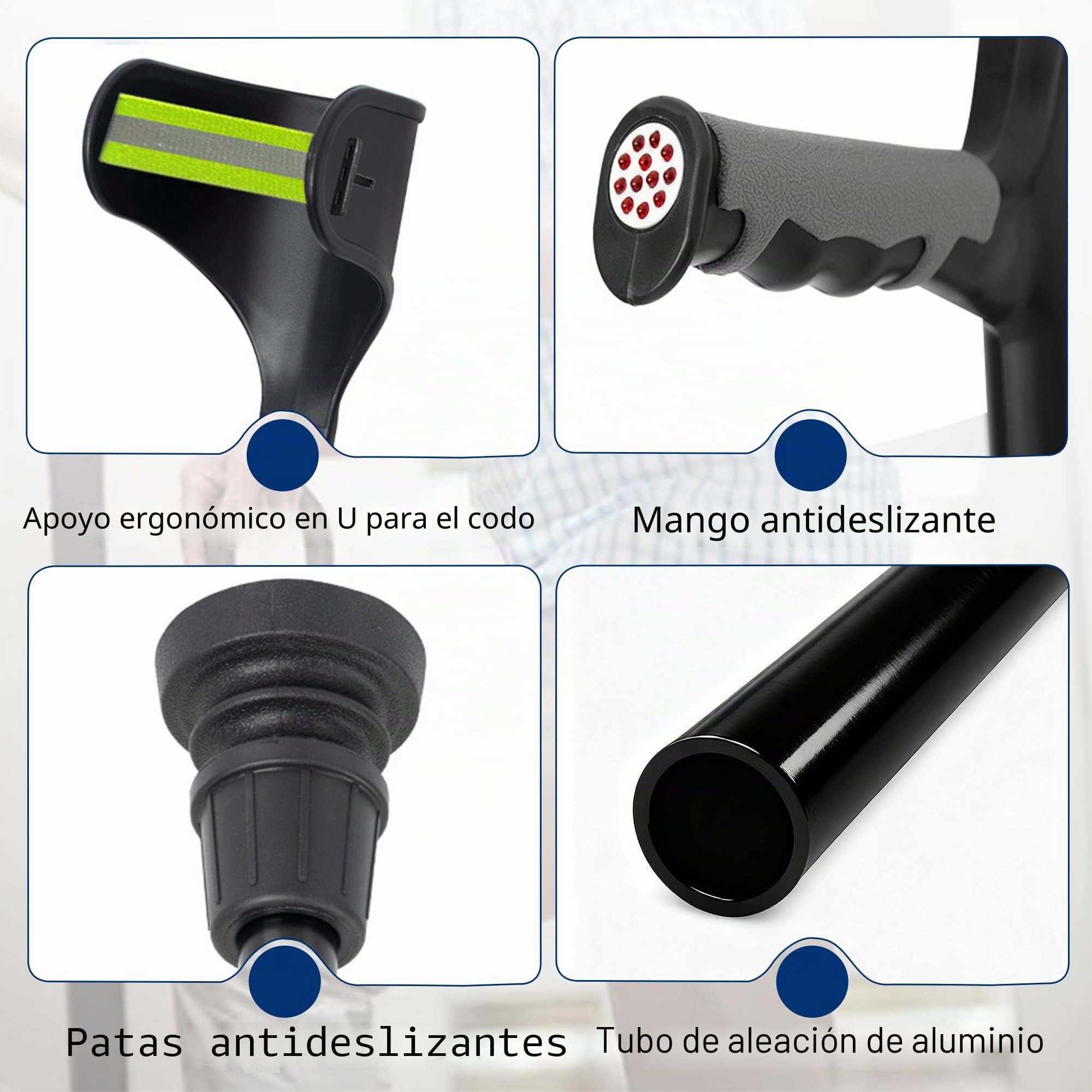Muletas plegables para antebrazo para adultos (juego de 2) con patas de goma antideslizantes | Muletas de codo ajustables y ligeras con puños, muletas de viaje, ayudas para movilidad y caminar, color negro