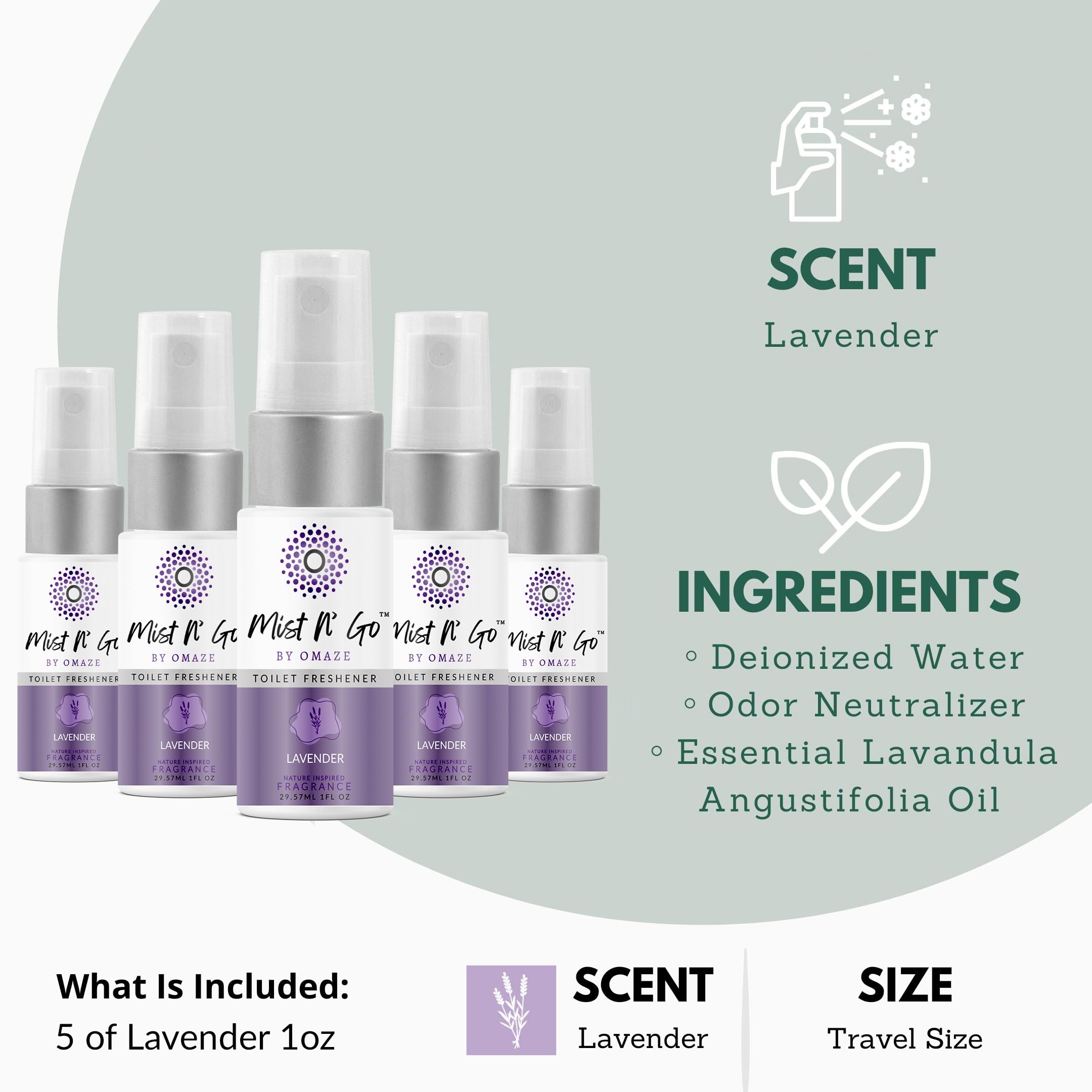 Mist N’ Go by Omaze Travel Bathroom Spray for Toilet Spray Odor Eliminator - Travel Toilet Spray for Bathroom Air Freshener Spray for Bathroom Deodorizer - Lavender Travel Size (1oz x5)