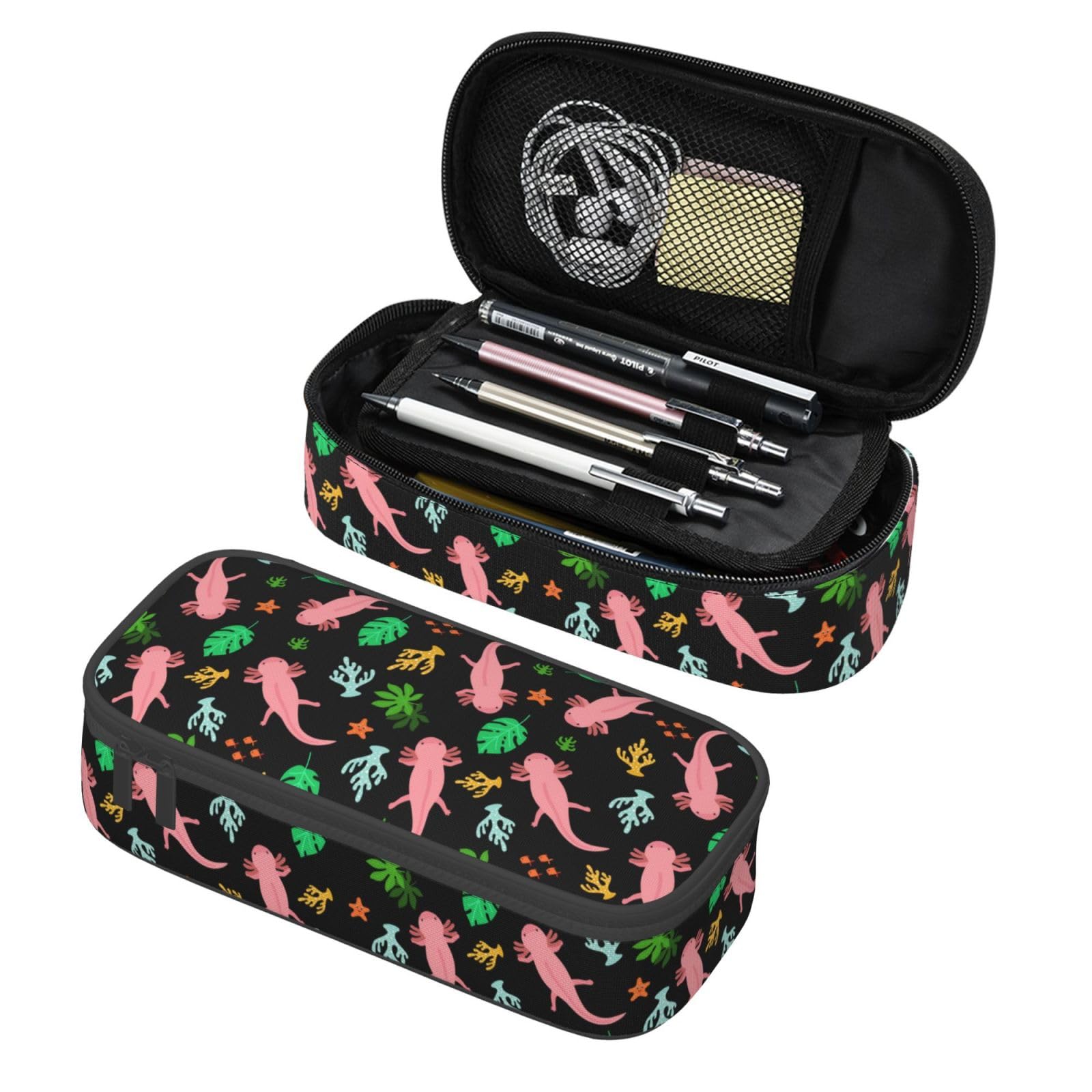 GardEssere Axolotl Large Pencil Case Aesthetic Big Capacity Cute Pencil Box Pouch with Zipper Pencil Case for Girls Boys Kids Cosmetic Bag for Women for School Office Black