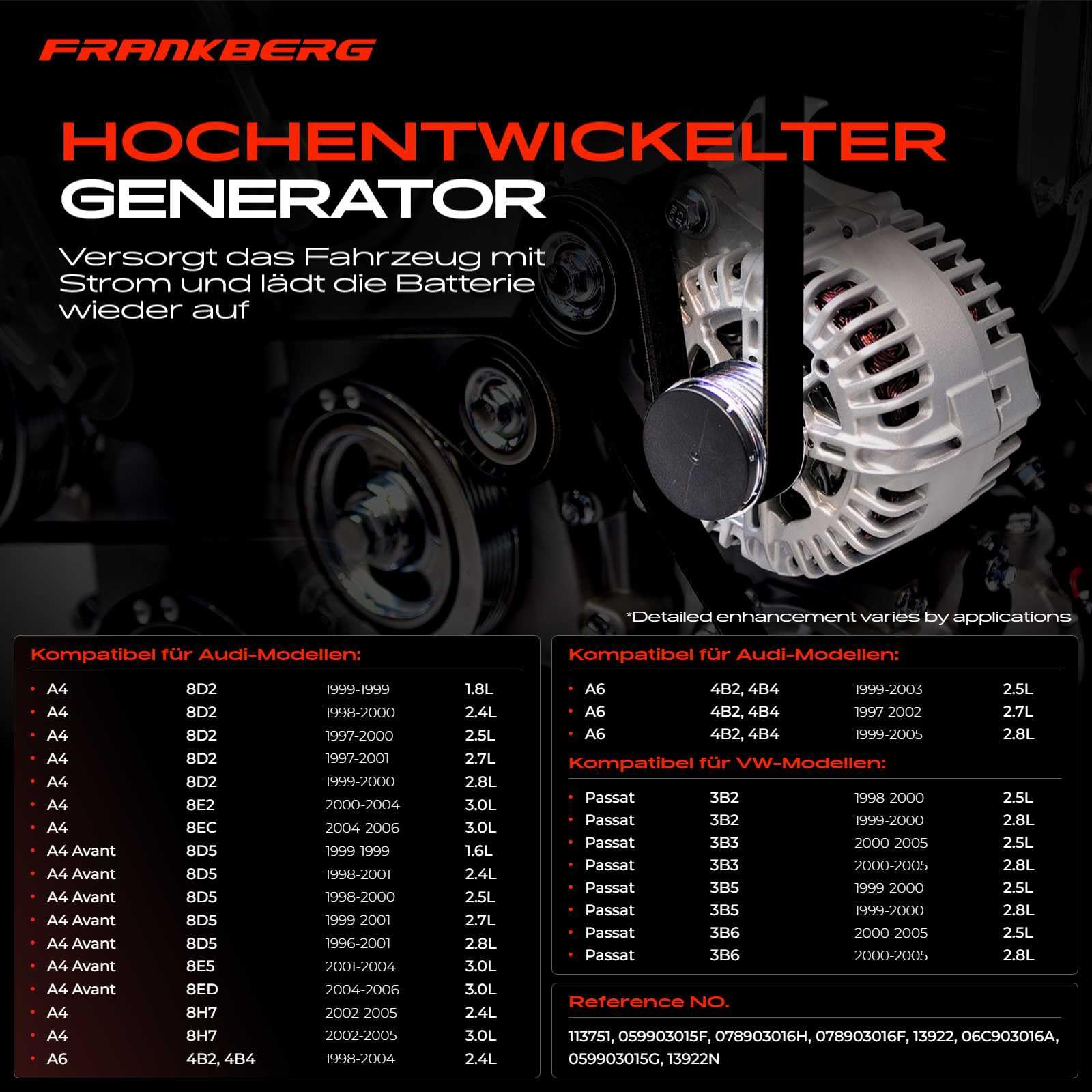 Frankberg Alternator alternator alternator generator kompatybilny z A4 1,8L-3,0L 1998-2006 A6 2,4L-3,0L 1998-2006 A8 2,5L-3,0L 1998-2005 Allroad P.a.t Superb I Replace# 07890900 3016H