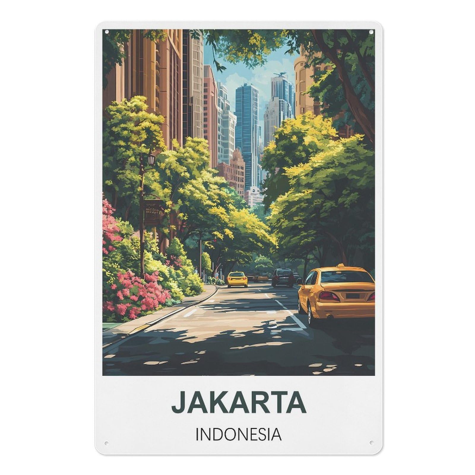 Jakarta Indonesia Retro Design Tin Paintings Vintage Tin Sign 08x12inch(20x30cm) Wall Art for Home Office Bedroom Living Room Cafes Wall Decor
