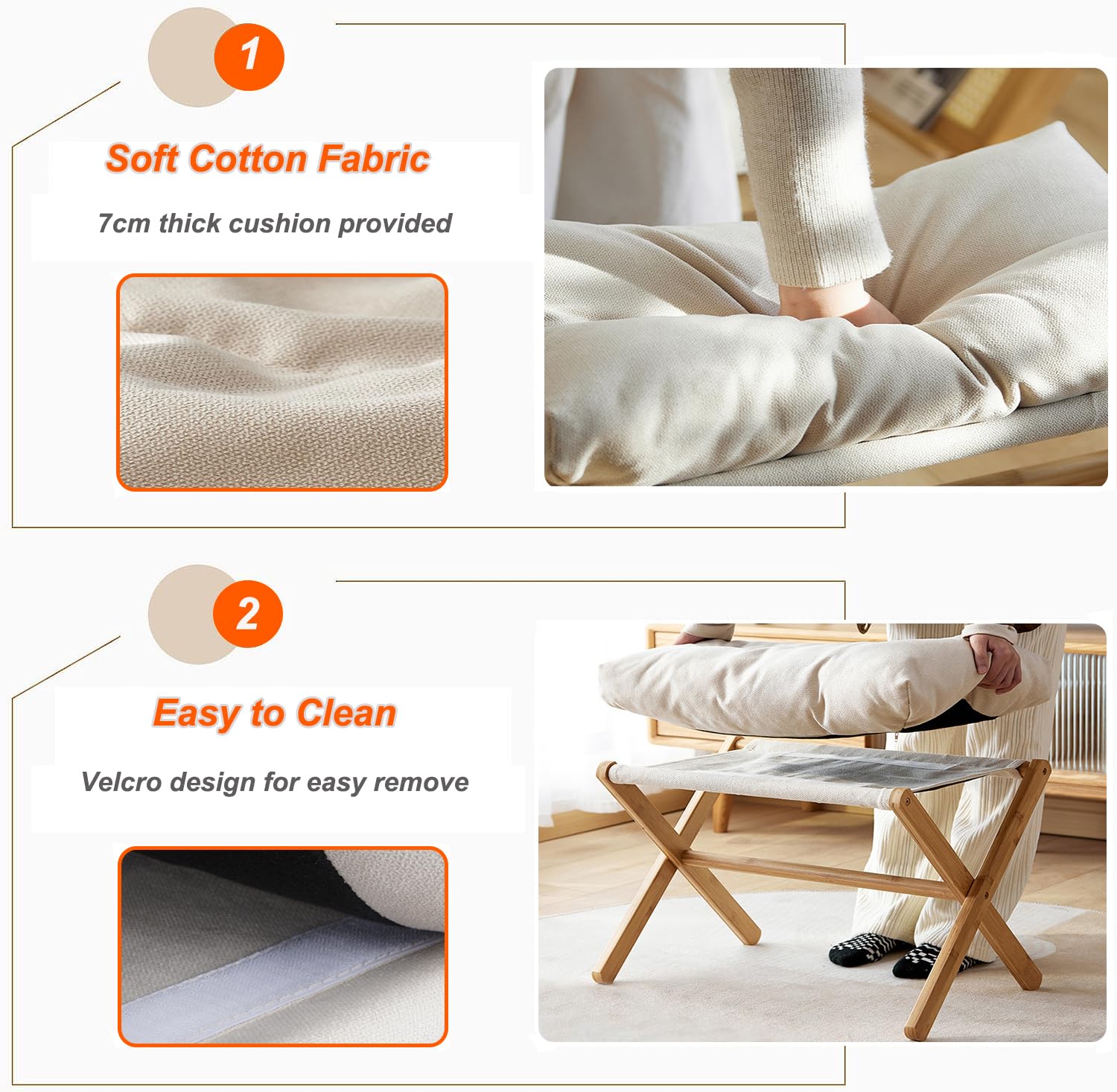 bimiti Taburetes plegables para reposapiés, taburetes otomanos pequeños, reposapiés de bambú, cambiador de zapatos con cojín de algodón extraíble para silla perezosa, sala de estar, dormitorio