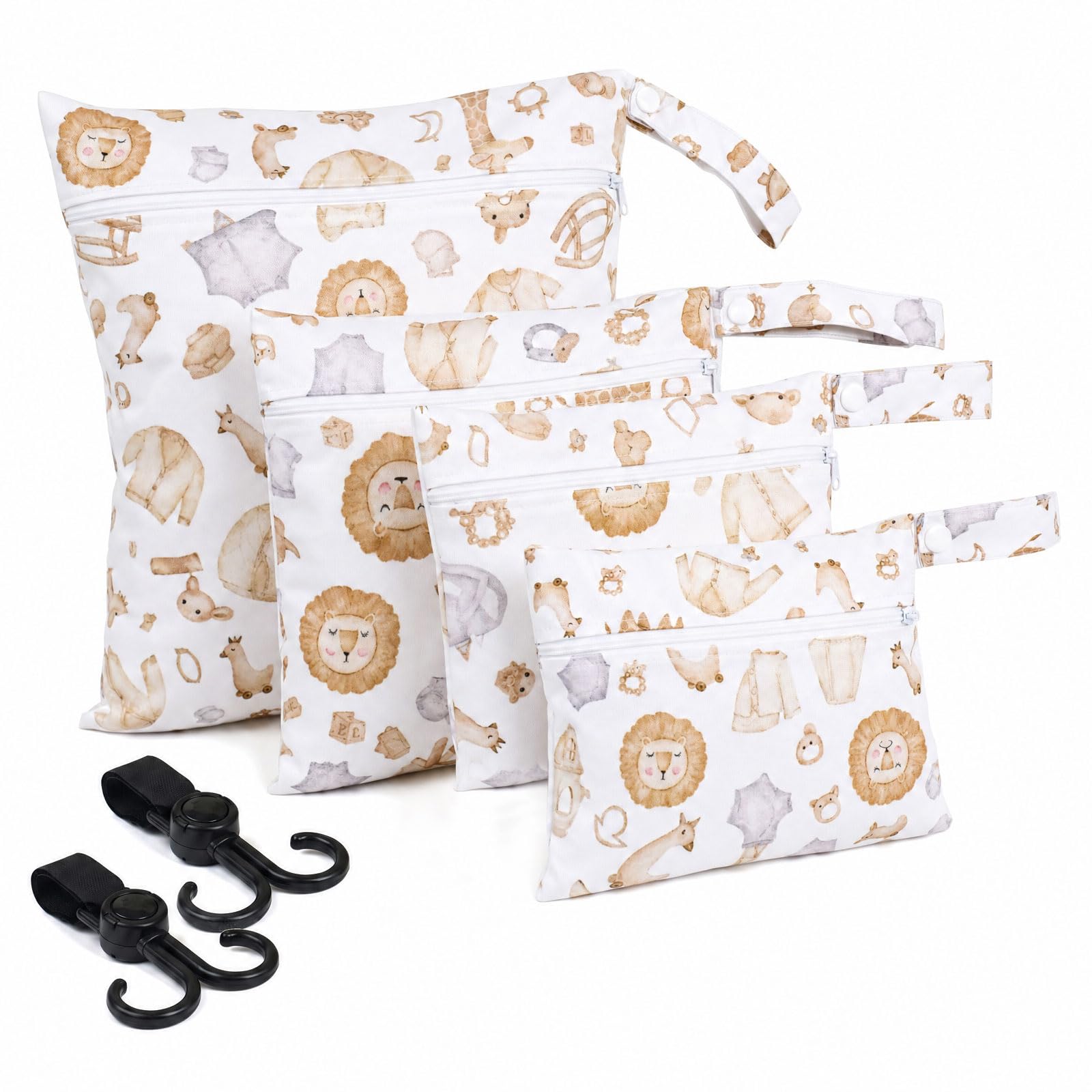 4 Pcs Wet Dry Bag Set - Lion and Giraffe Nappy Bags, Waterproof Wets Bag for Swimming, Nappy Bag Organiser, Reusable Washable Organiser Nappy Pouch for Travel Camping Swimming, With 2 Stroller Hooks
