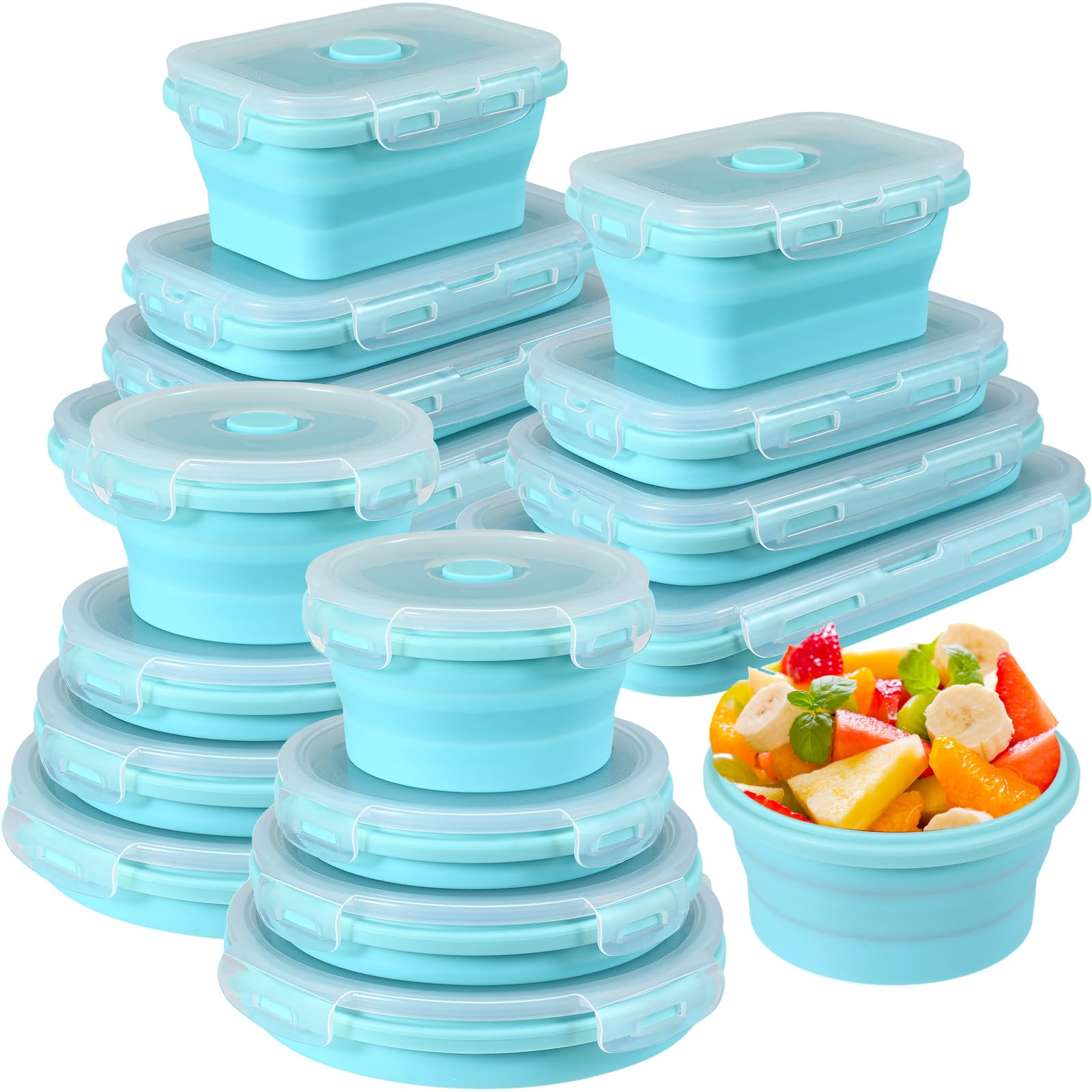Yaomiao 16 Pack Collapsible Food Storage Containers with Lid Foldable 8 Pcs Rectangle Storage Bowl and 8 Pcs Round Silicone Food Bow for Lunch Rv