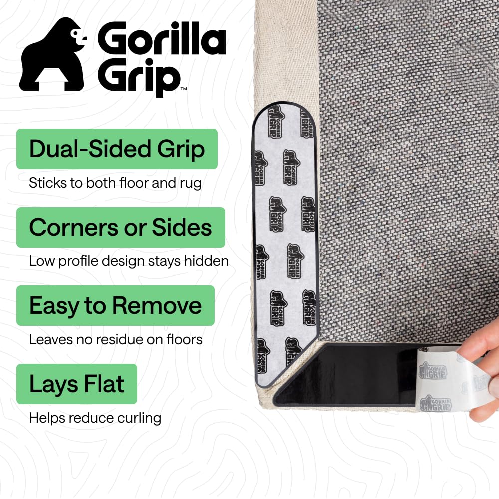 GORILLA GRIP® Almohadillas de agarre para alfombras, adhesivos reutilizables de doble cara extra largas que mantienen las esquinas planas de las alfombras, agarra suelos de madera dura, azulejos y