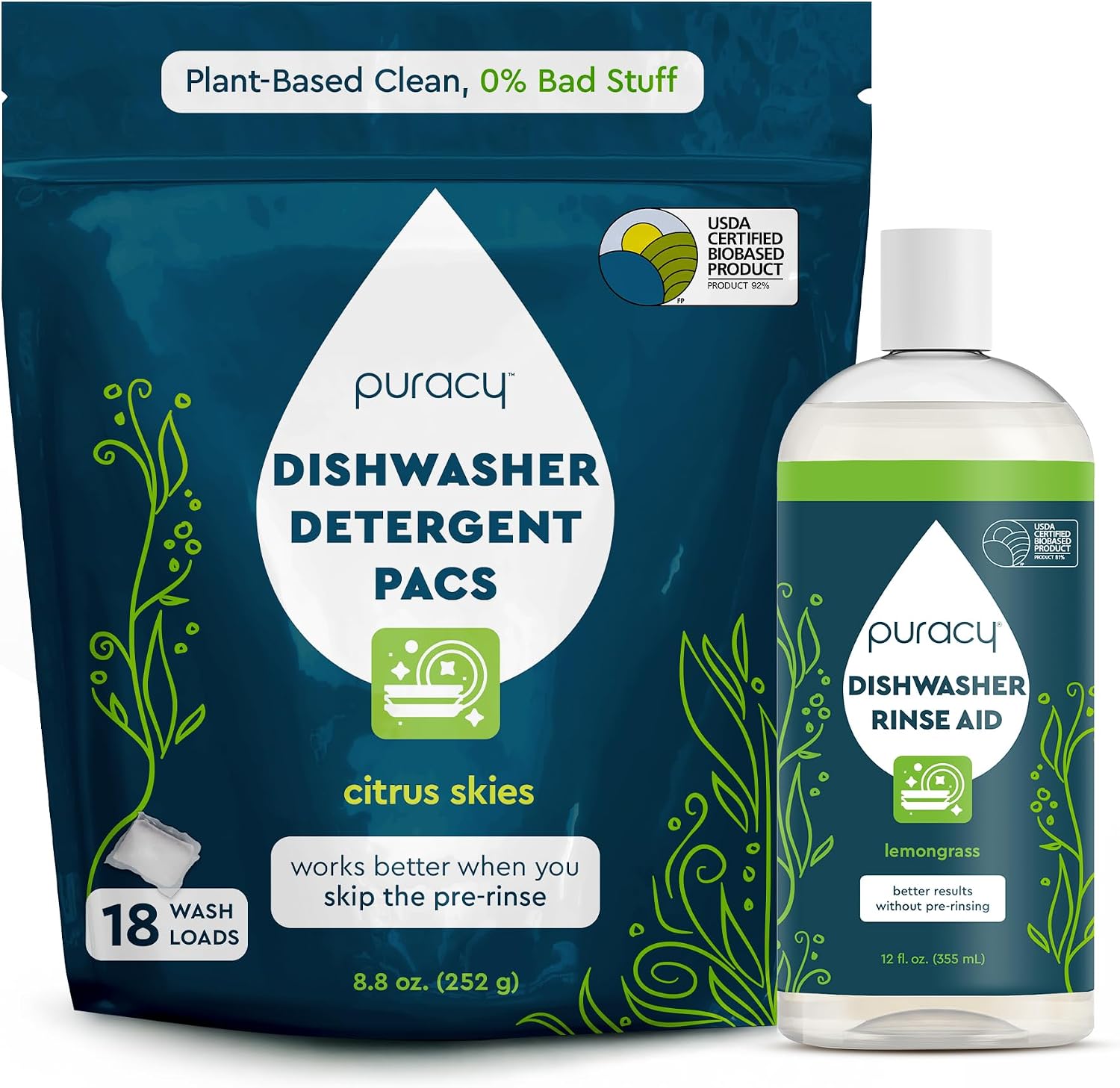 Puracy Dishwasher Pods, Citrus Skies, 18 Count and Dishwasher Rinse Aid, Lemongrass, 12 Oz
