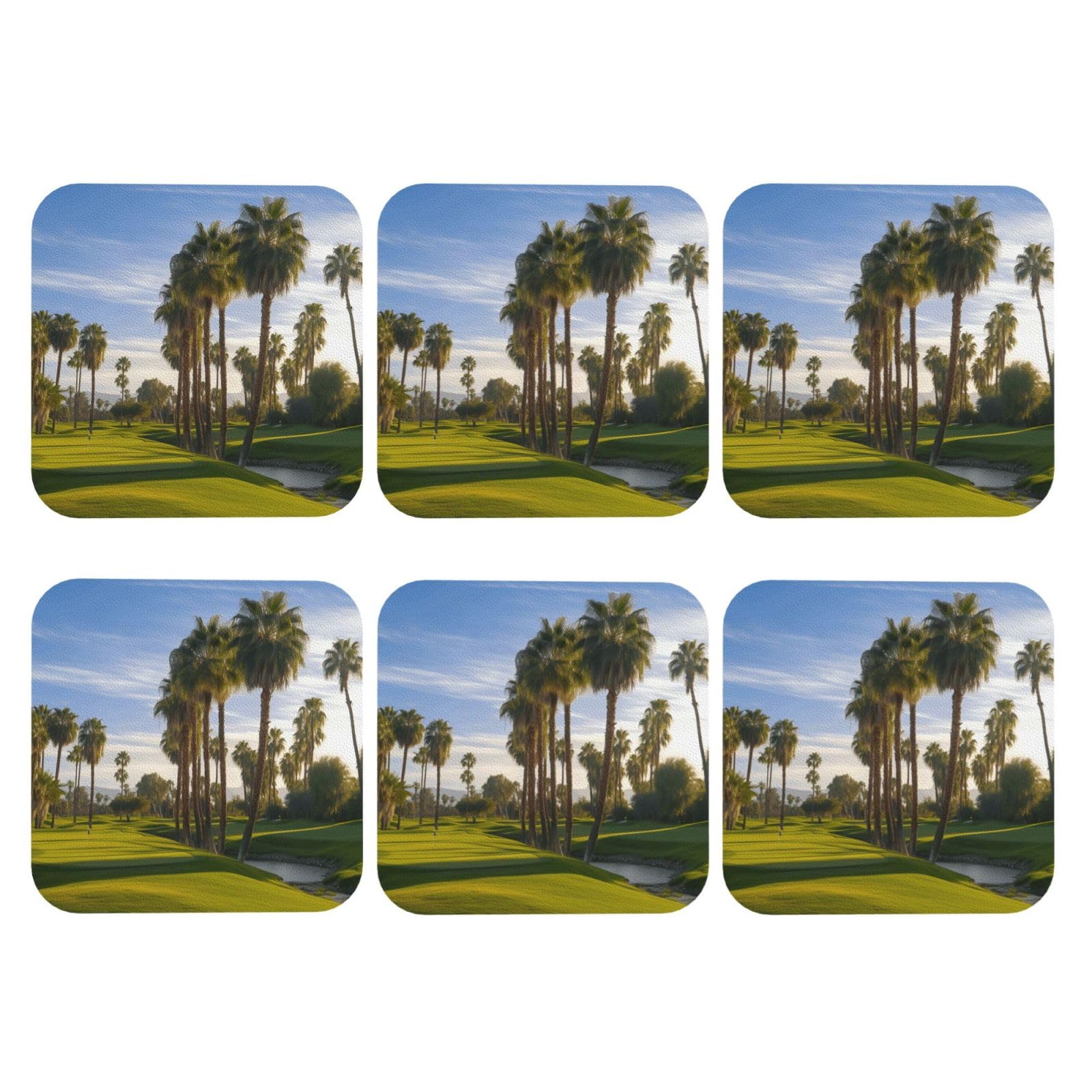 6pcs Leather Coasters for Drinks, Palm Tree Golf Course Drink Coasters for Tabletop Protection, 4" Cup Coasters for Coffee Table Decor, Non-Slip Drinking Cup Mat for Hot Or Cold Drink