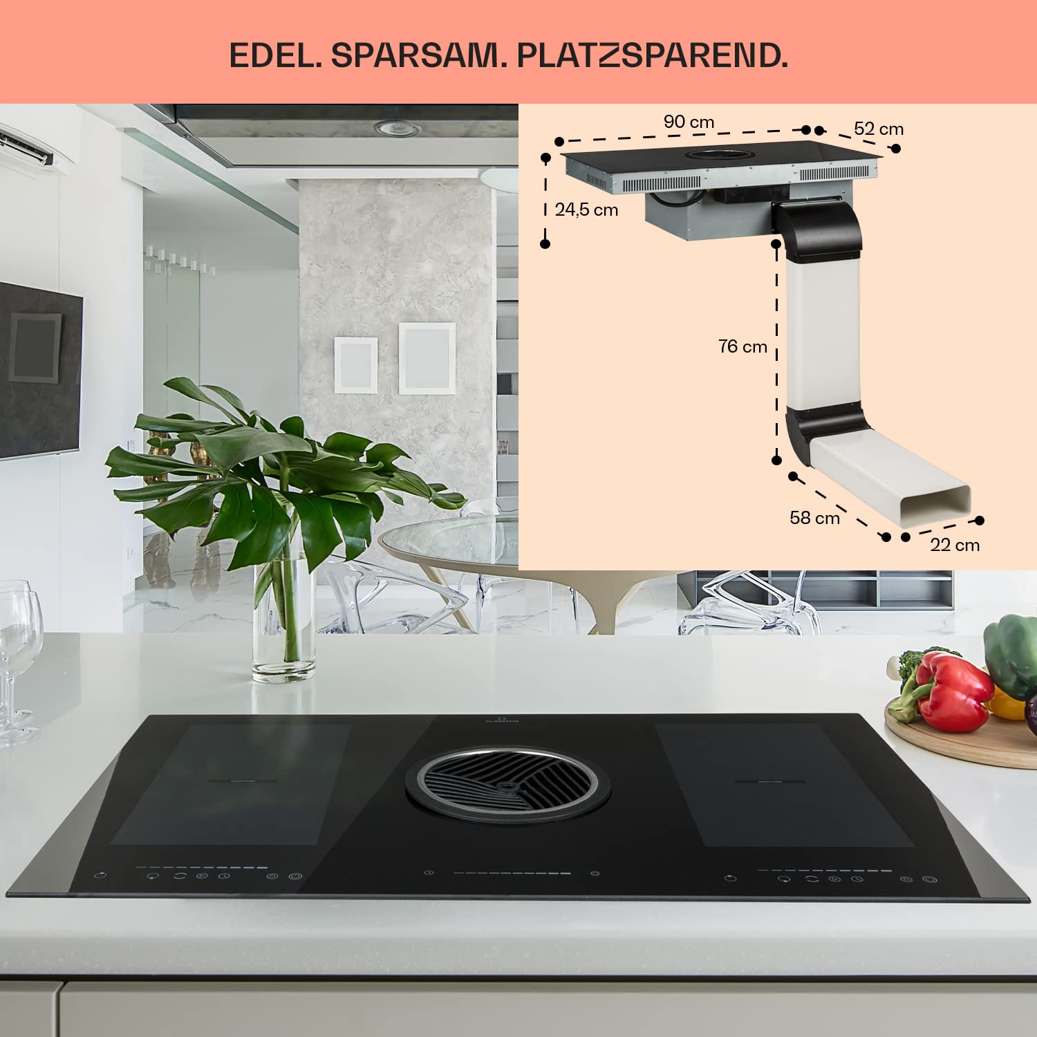 Klarstein 2-in-1 Induktionskochfeld mit Dunstabzug 90 cm 4-Zonen 654m³/h Touch Control Energieklasse A+
