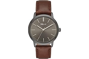 40mm Men's Gunmetal Gray Alloy Metal and Dark Brown Leather Band Watch