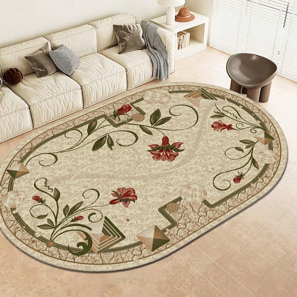 Alfombra ovalada para salón con enredaderas verdes que inspira calma