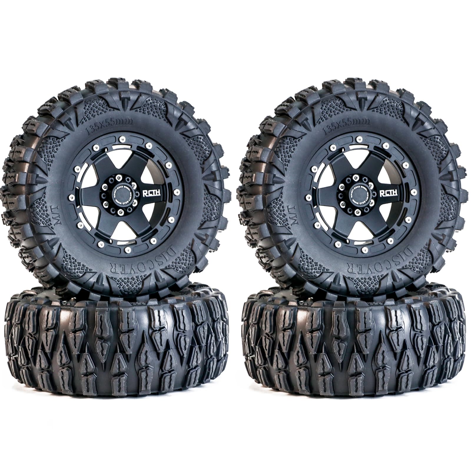2.6 Tires All Terrain Soft Rubber Crawler Car Tire & Rim for Off Road Race, OD 135mm Rubber Tire & Metal Rims with 17mm/12mm Hexes for MJX H8H MK07 KM4 Traxxas TRX-4 TRX-6 Axial 1/7 1/8 1/10 Crawler