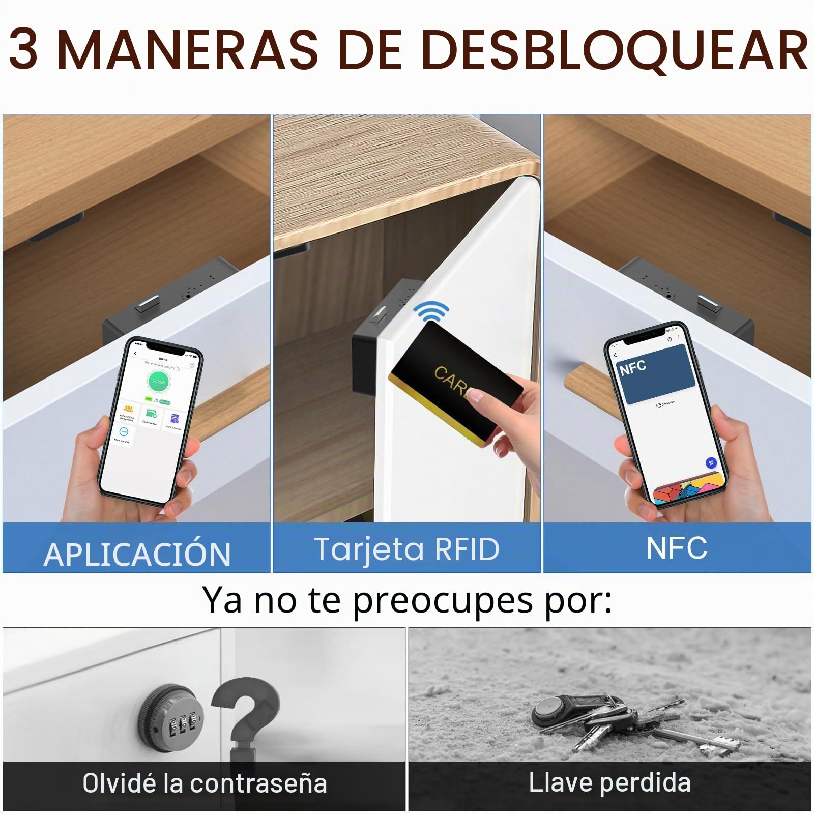 Cerradura de cajón con tarjeta RFID, NFC, cerradura oculta para gabinetes de cocina, despensa, muebles, cerradura de puerta de armario eLinkSmart con aplicación Bluetooth, seguridad infantil, no