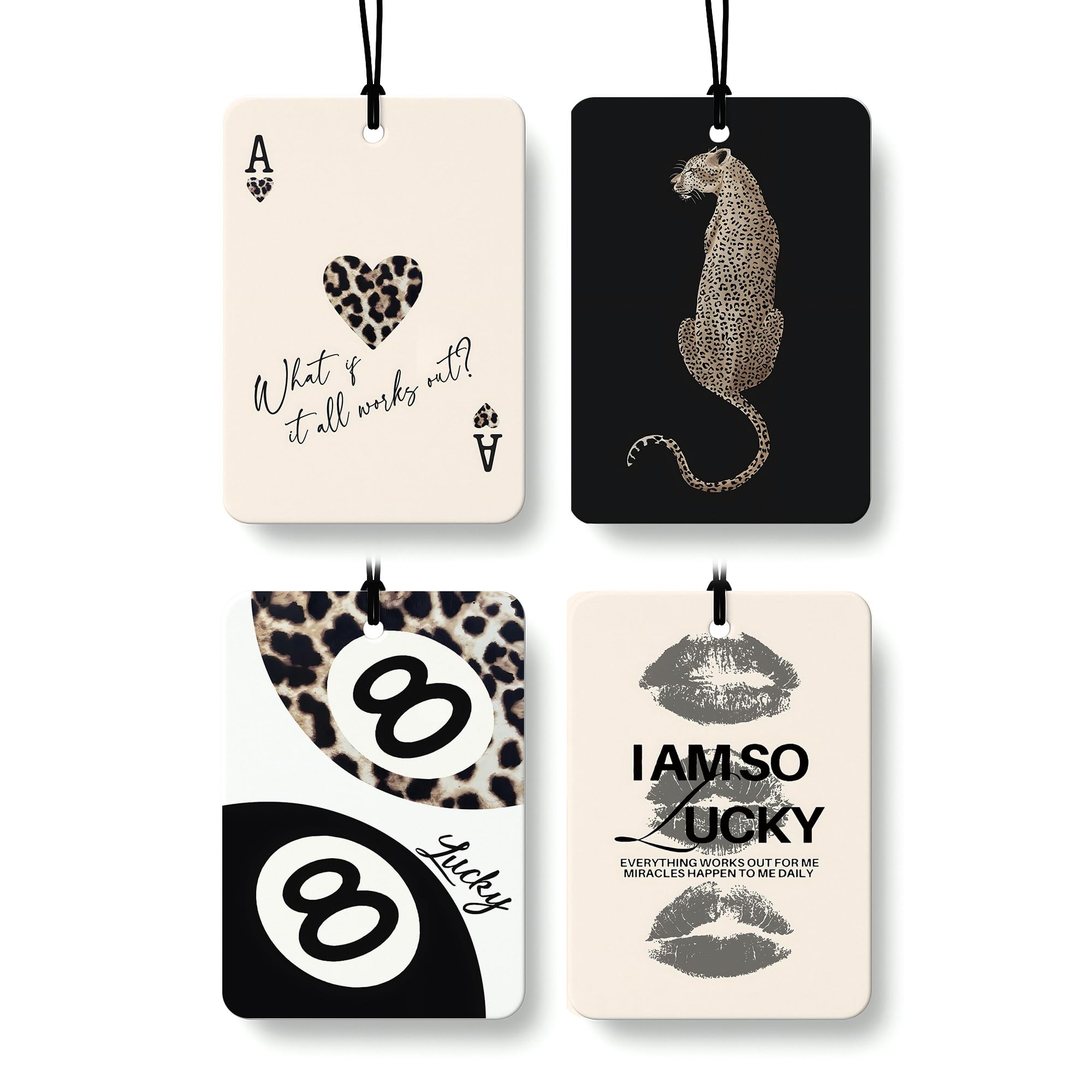FISWAFY Black Leopard Print Car Air Freshener 4 Pcs, Trendy Cheetah Lucky 8 Ball Ace Card Lips Hanging Air Freshener for Cars Closet Drawer Books,