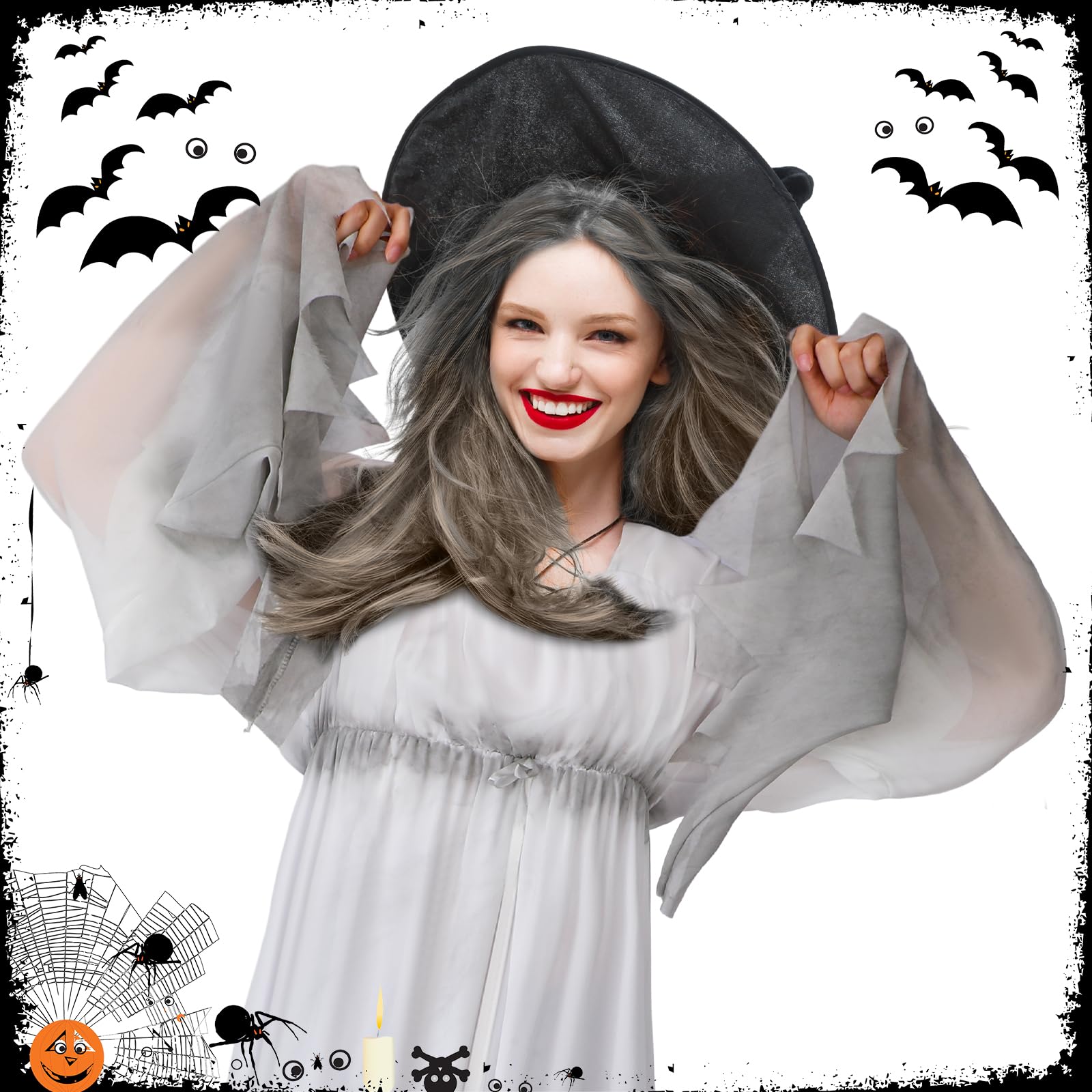 Hercicy 2 Pcs Women Ghost Bride Costume Long Wavy Curly Wigs Zombie Beauty Cosplay Gothic Evil Dead Bride Dress for Halloween (Large)