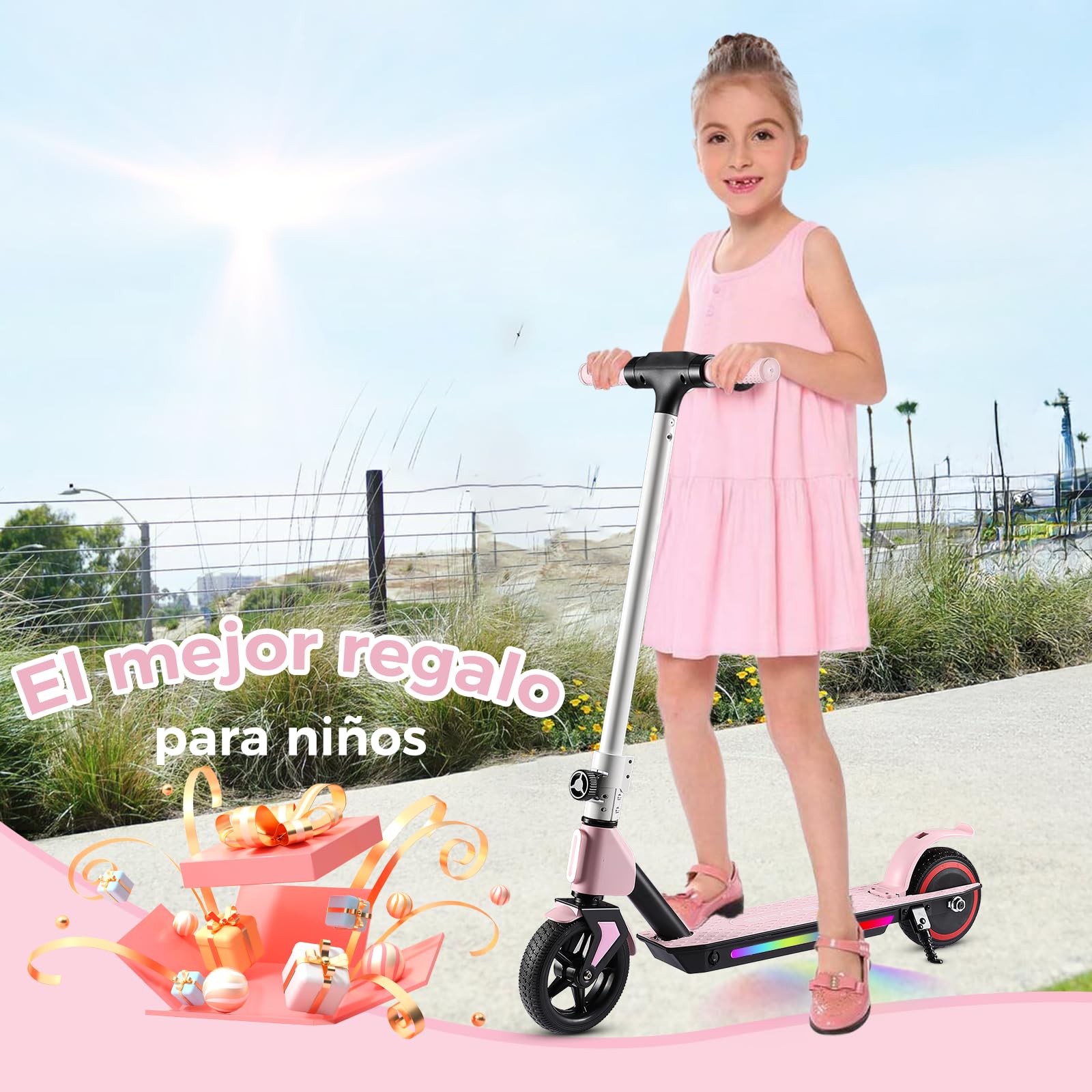Patinete Eléctrico Niño 130W Plegable y Ligero, Velocidad Máxima de 15 km/h, 3 Modos de Velocidad, Pantalla LED y Luces Coloridas, Cumpleaños y Navidad (Rosa)