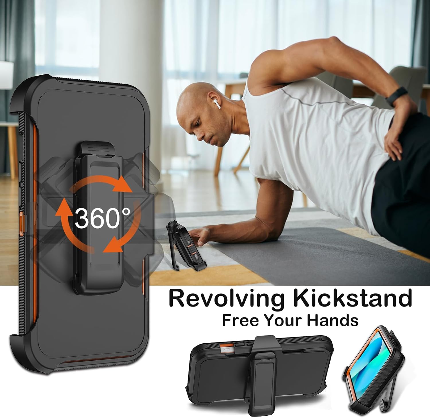 for iPhone 13 Mini Case with Built-in Screen Protector,Belt Clip Holster,Heavy Duty Shockproof Drop Protection Military Grade Durable Phone Cover with Kickstand for iPhone 13 Mini (Black Orange) - Image 5