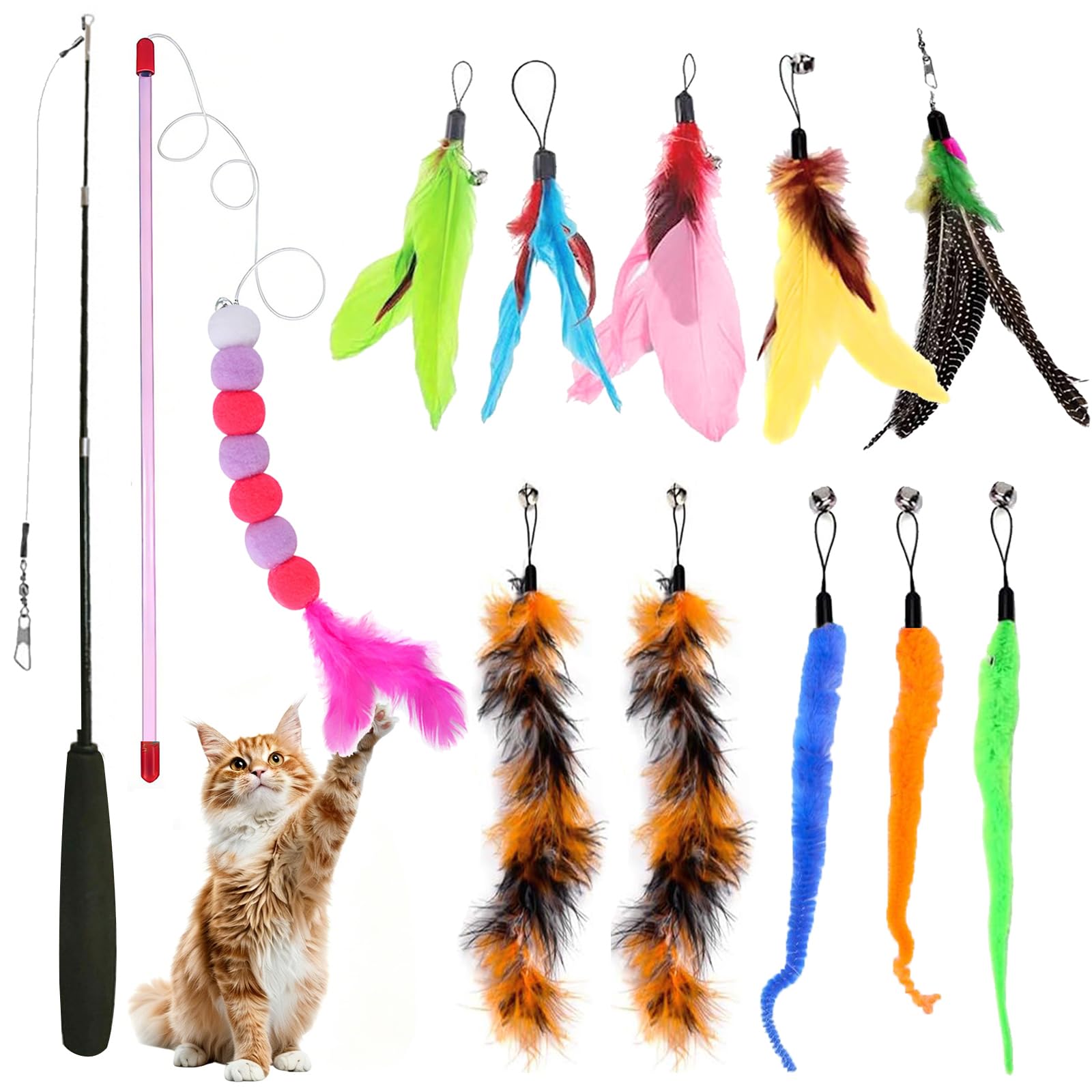 Oavie 12 Pcs Interactive Cat Wand Toy Set, Retractable Feather Teaser Wand with 10 Assorted Replacement Refills & Pink White Ball Teaser Stick, Exercise Enrichment Toys for Indoor Cats & Kittens