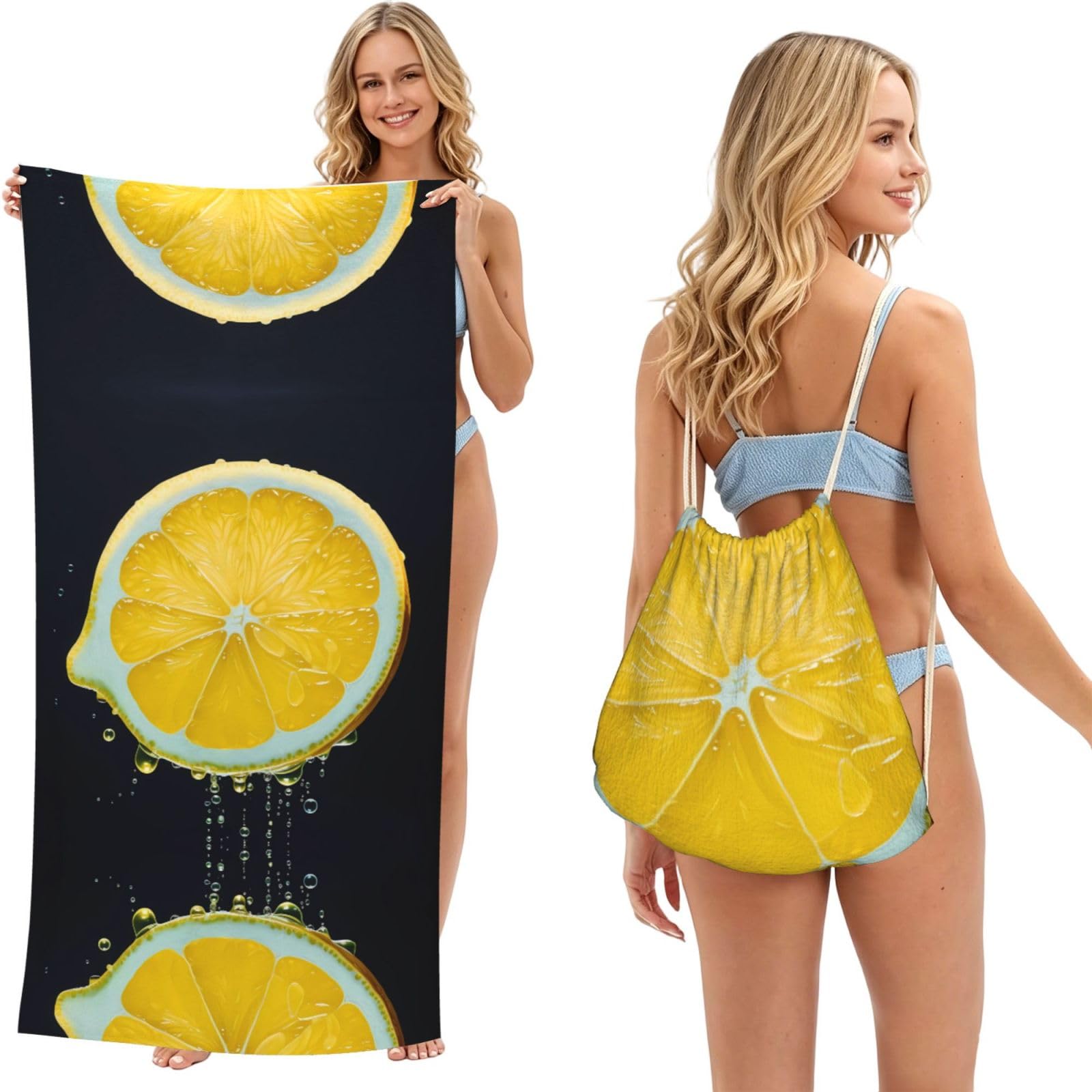EZDLOWVBA Yellow Lemon Print Beach Towel Backpack 2 In 1 Summer Large Lightweight Beach Towel - Multifunctional Ship Pattern Towel Bag For Storage,Sport