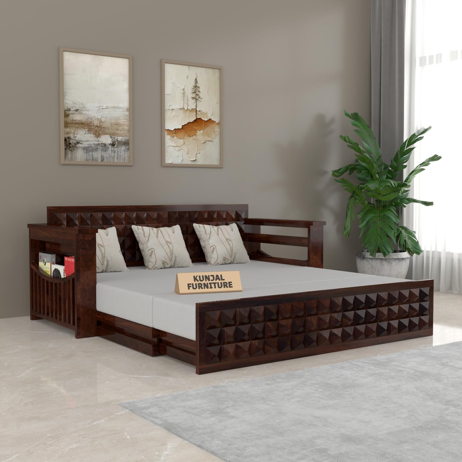 - Solid Sheesham Wood Sofa Cum Bed with Storage for Living Room | Natural Finish | 3-Seater Convertible Sofa Bed | Handmade Wooden Furniture (Walnut, Diamond Carved)