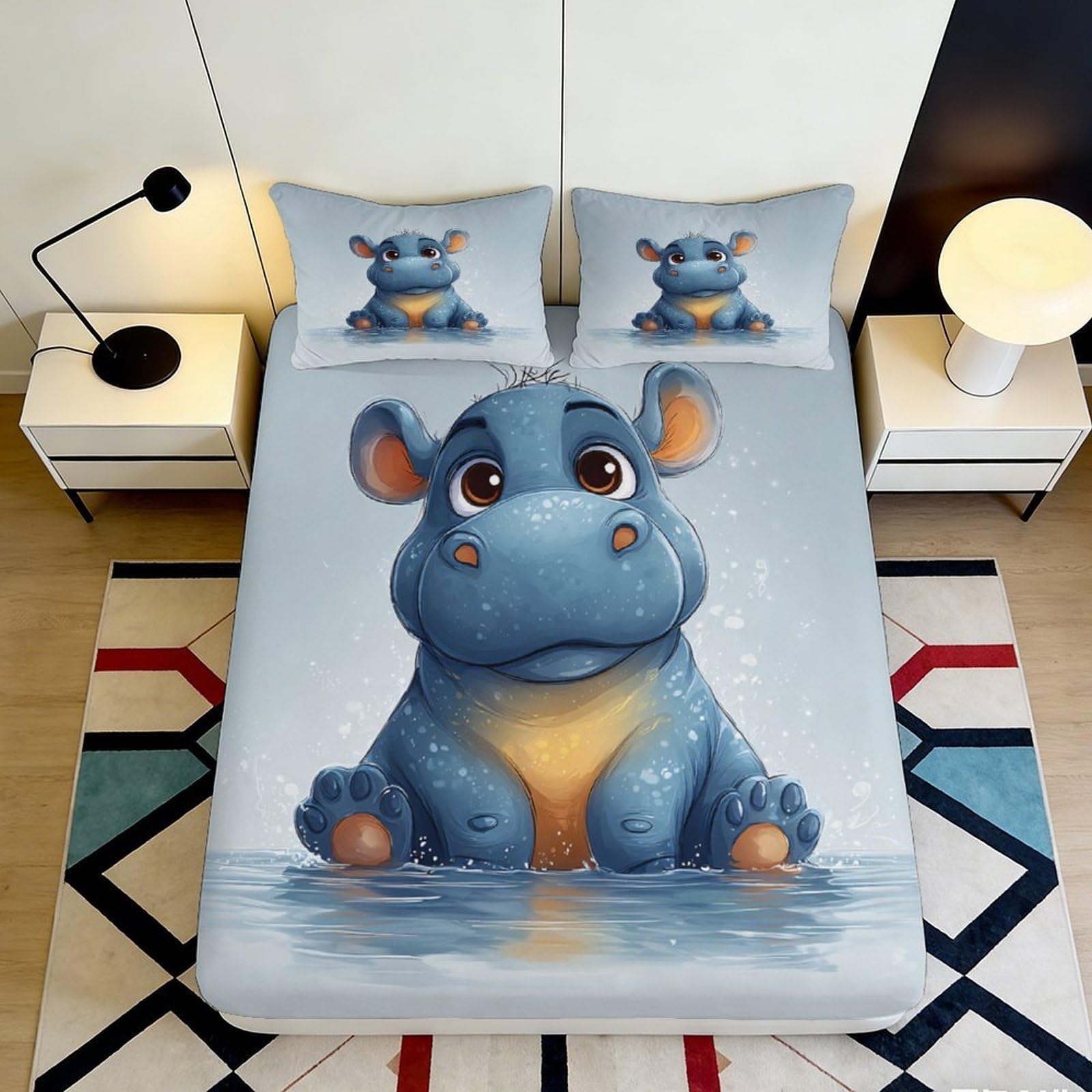 3D Printed Cute Blue Hippo Fitted Sheet Microfiber Soft Bedroom Decor Animal Cartoon Mattress Cover for Home Guest Room 90x200x25cm
