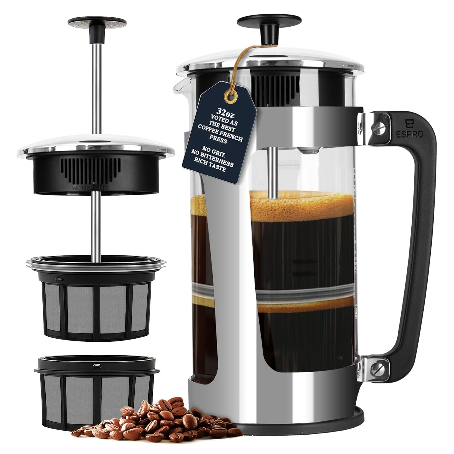 ESPRO P5 French Press Coffee Maker – Patented Double Micro-Filter for Grit Free Brew, Heat-Resistant Thicker Borosilicate Glass Coffee Press – 32 oz