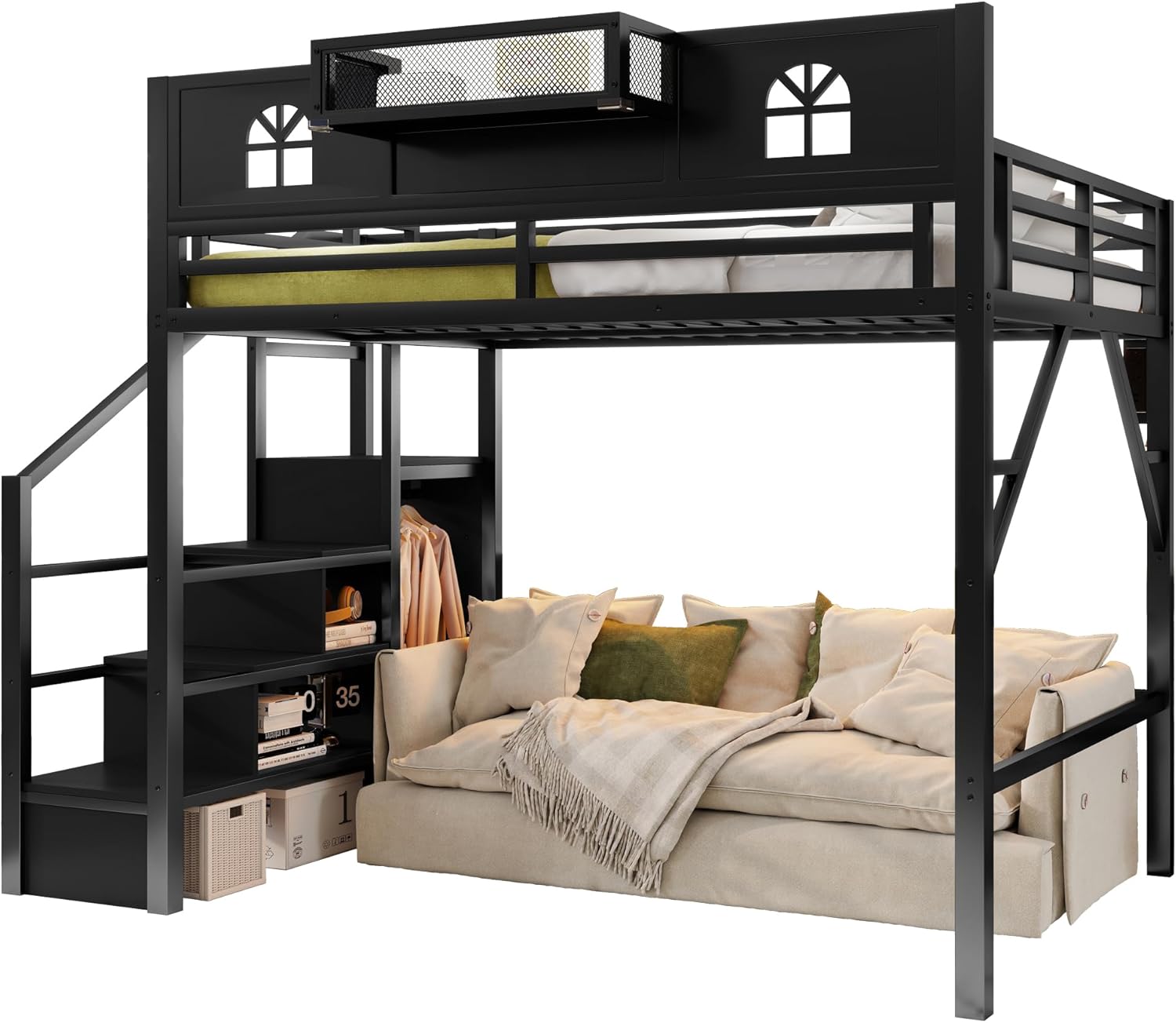 4 Size Loft Bed with Stairs, House-Shaped Guardrails, Wardrobe & LED Light – Metal High Loft Bed for Kids Teens (Full -Black)