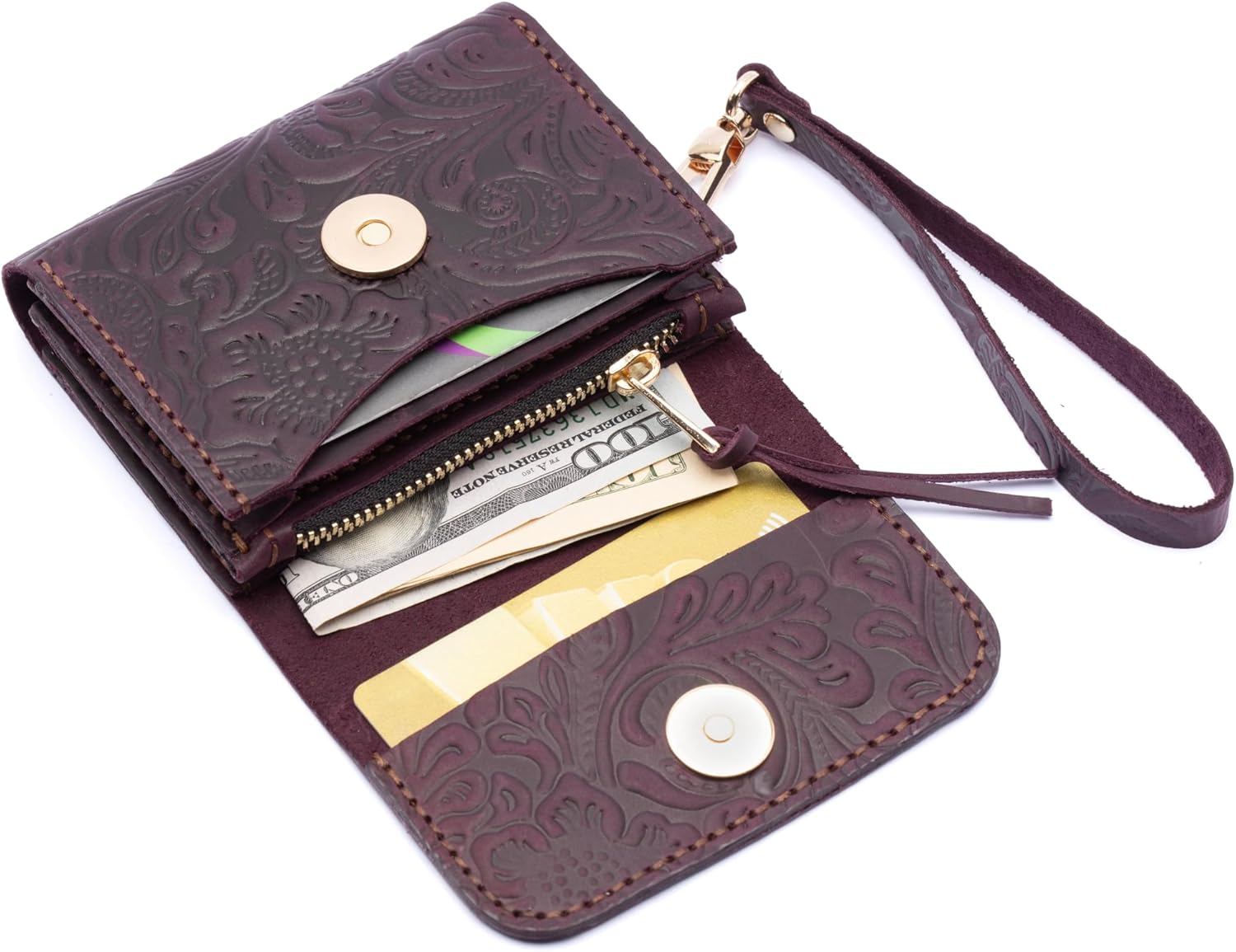 Toros Craft Handmade Wristlet Wallets for Women, Western Floral Leather Small Credit Card Holder with Zipper, Minimalist & Cute Coin Pouch, Genuine Leather, Purple